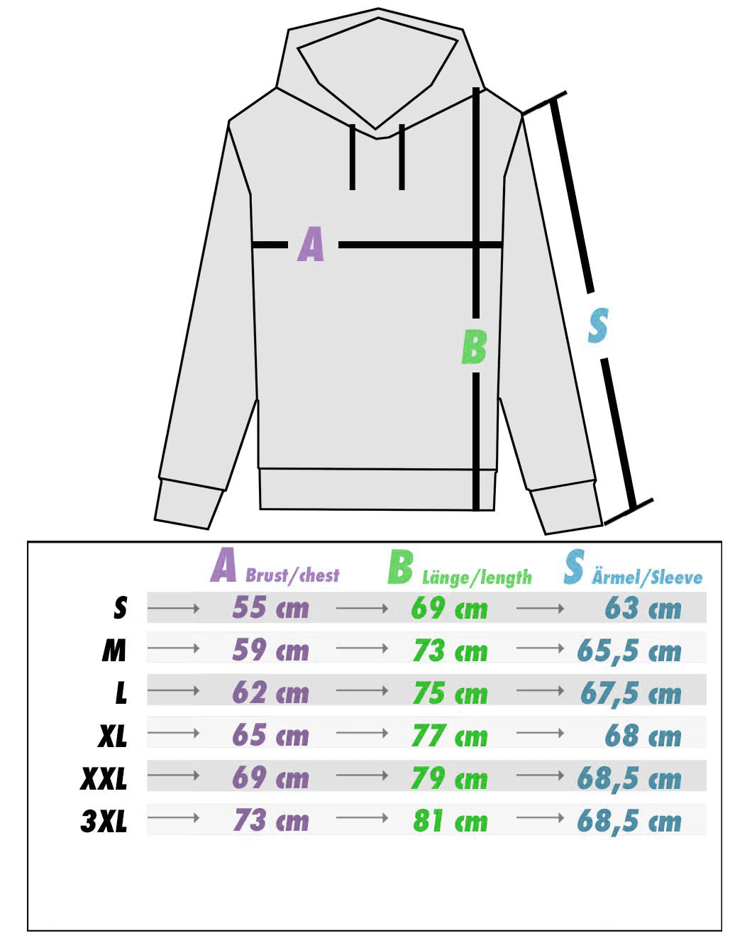 Größentabelle für den Hoodie Galaxy von PsychoLab, die Größenangaben für eine perfekte Passform zeigt.