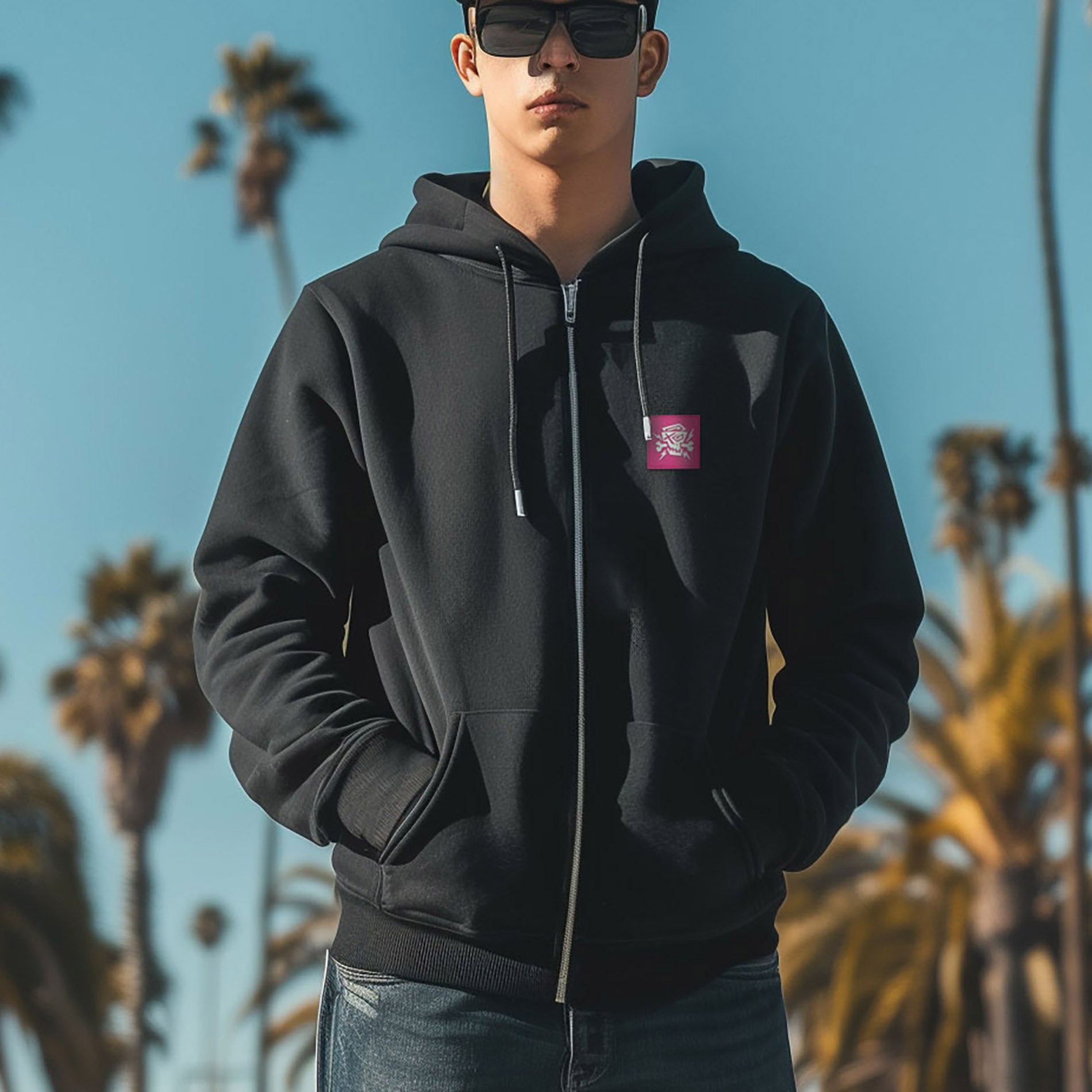 Junge posiert im PsychoLab Zip Hoodie Dynamic mit PsychoLab-Logo auf der Brust, perfekt für lässige Outfits und Komfort.