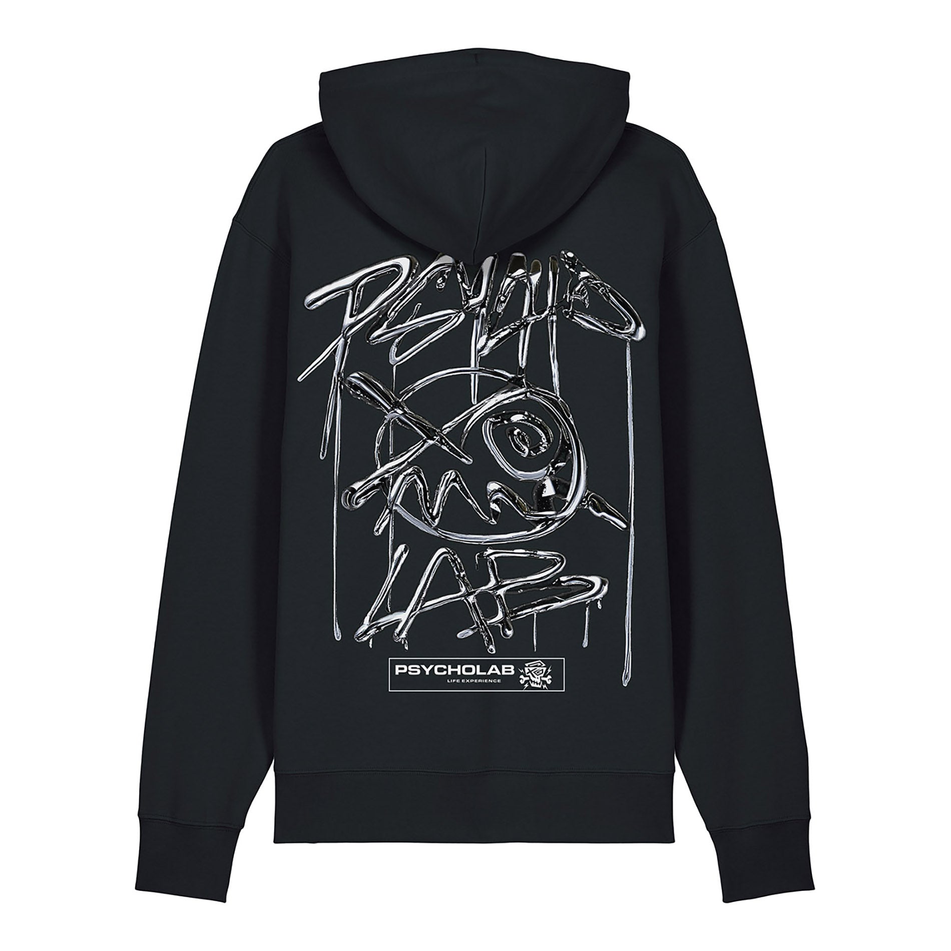 Rückansicht des PsychoLab Zip Hoodie Chrome Black, das markante Chrome-Design und das PsychoLab-Logo zeigen die Qualität dieses urbanen Hoodies.