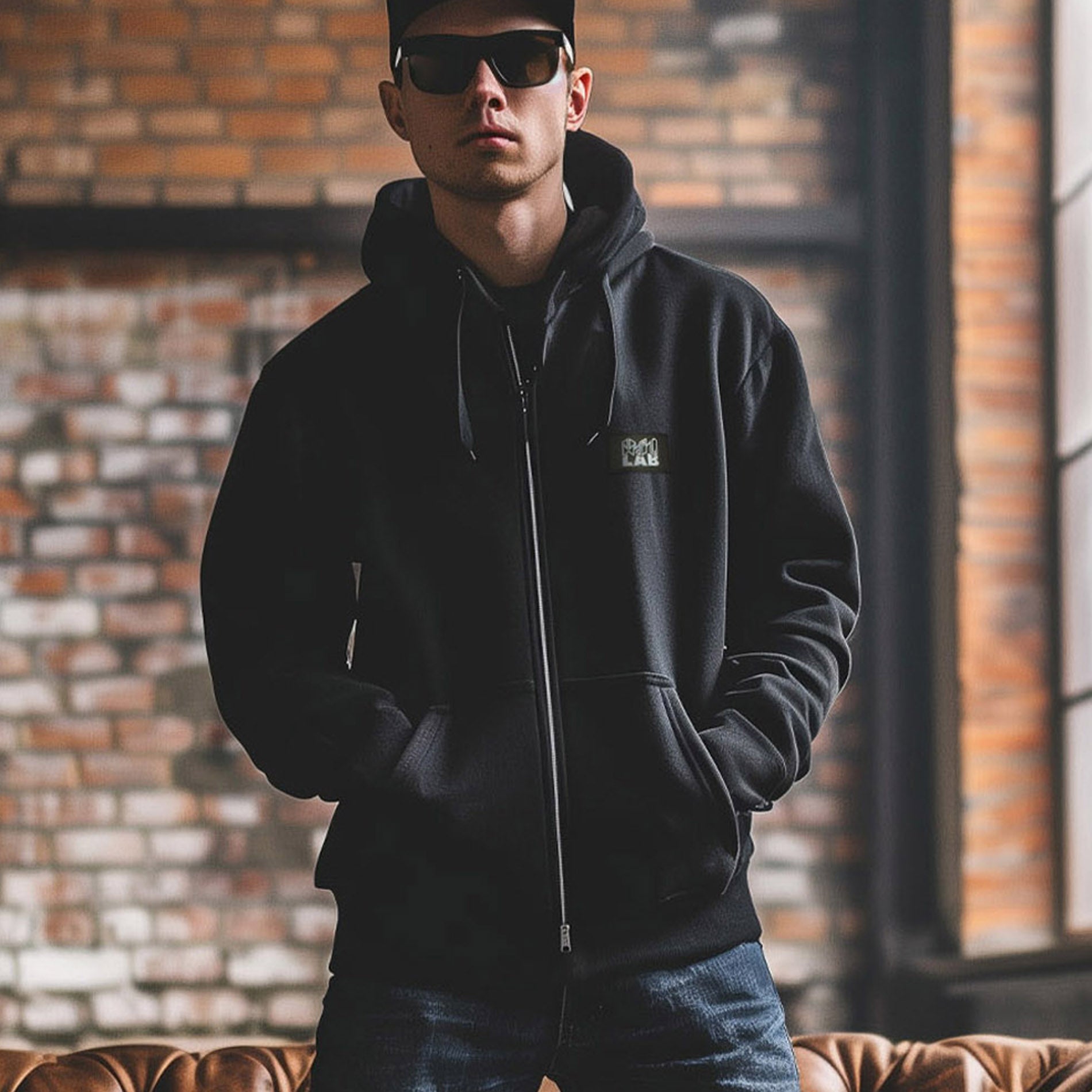 Mann trägt den PsychoLab Zip Hoodie Chrome Black mit PsychoLab-Patch, ideal für lässige Looks und höchsten Komfort.