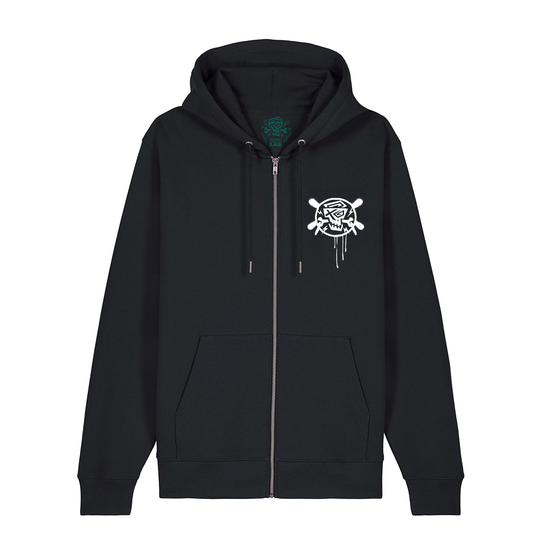 Der PsychoLab Zip Hoodie Chrome Black in schwarzer Farbe zeigt ein urbanes Design mit einem charakteristischen PsychoLab-Logo auf der Brust und Chrome-Design auf der Rückseite. Ideal für Streetwear-Liebhaber, aus hochwertiger Bio-Baumwolle gefertigt.