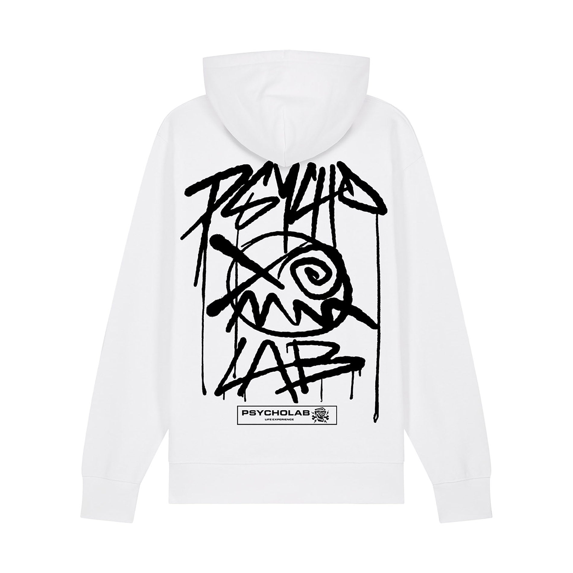 Rückansicht des Zip Hoodie Chrome White von PsychoLab mit großem Graffiti-Design, das urbanen Stil verkörpert.