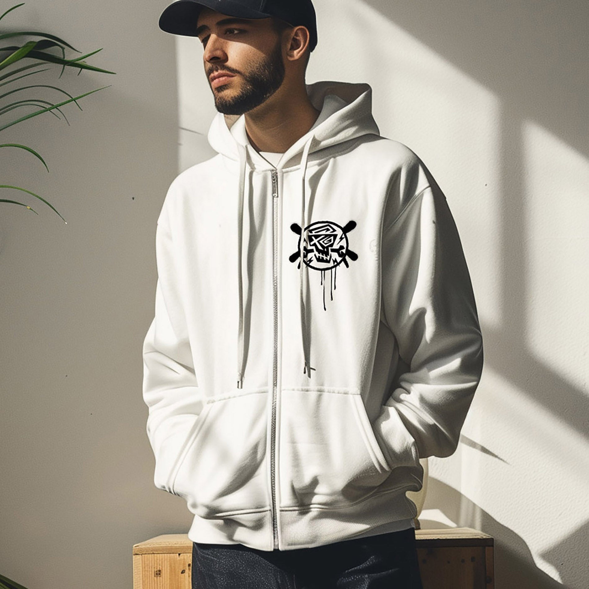 Vorderansicht des Zip Hoodie Chrome White von PsychoLab, der das rebellische Logo auf der Brust zeigt, perfekt für einen lässigen Look.