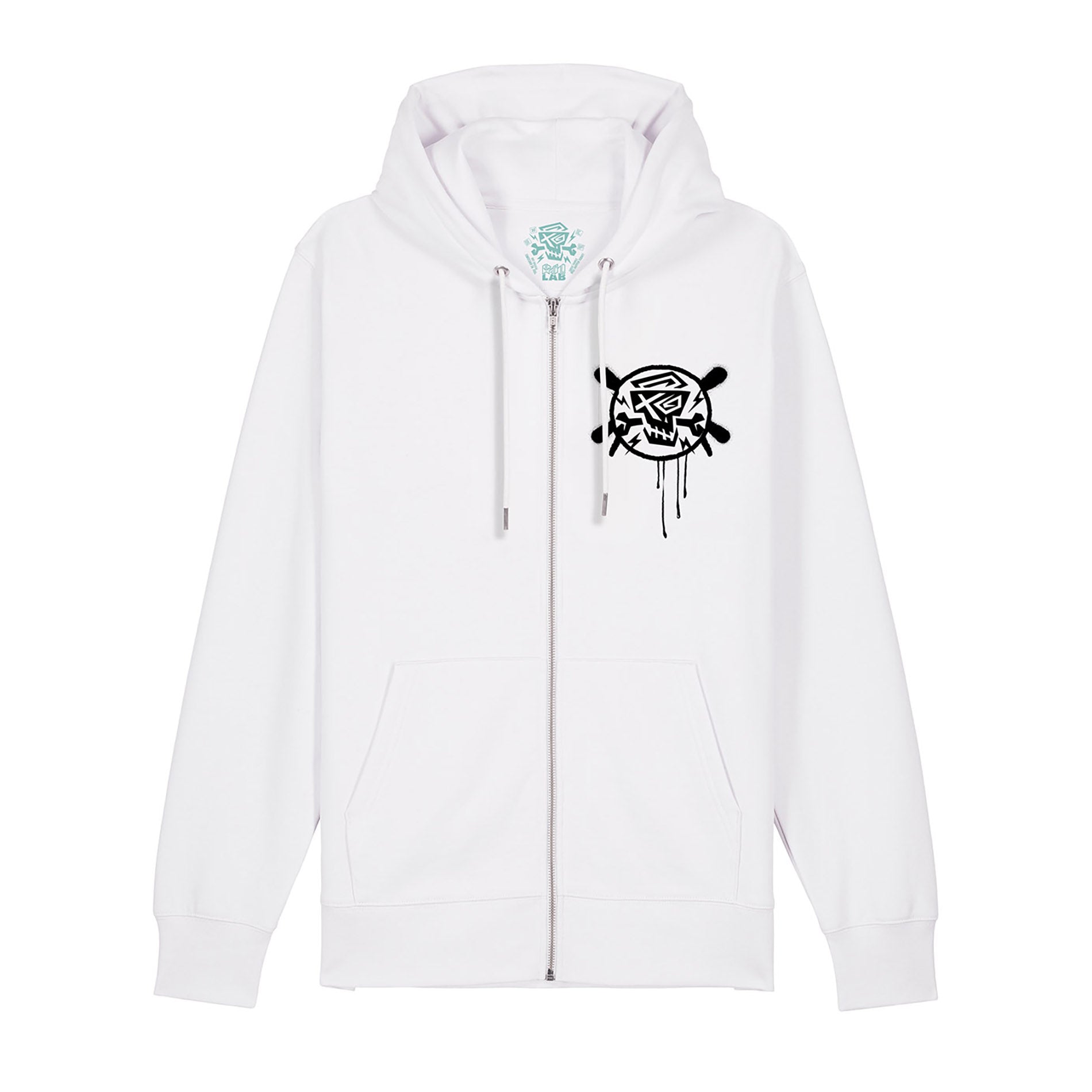 Zip Hoodie Chrome White von PsychoLab in Weiß, präsentiert die Frontansicht mit Kängurutaschen und einzigartigem Logo.