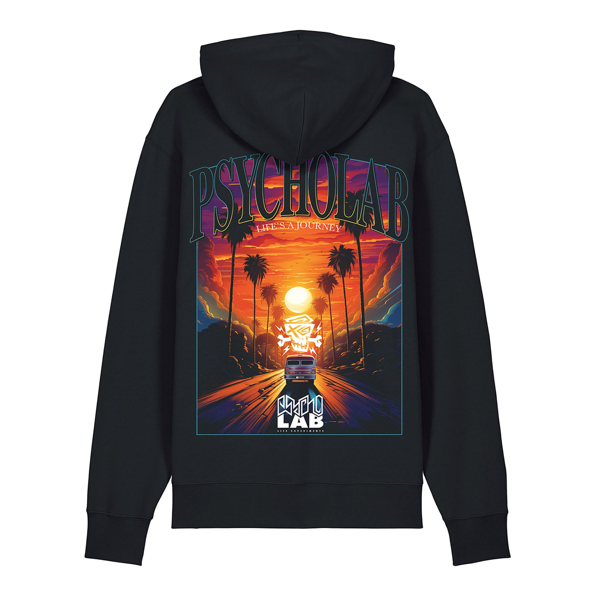 Rückansicht des Zip Hoodie Journey von PsychoLab, zeigt das beeindruckende Sonnenuntergangsdesign und das PsychoLab-Logo.