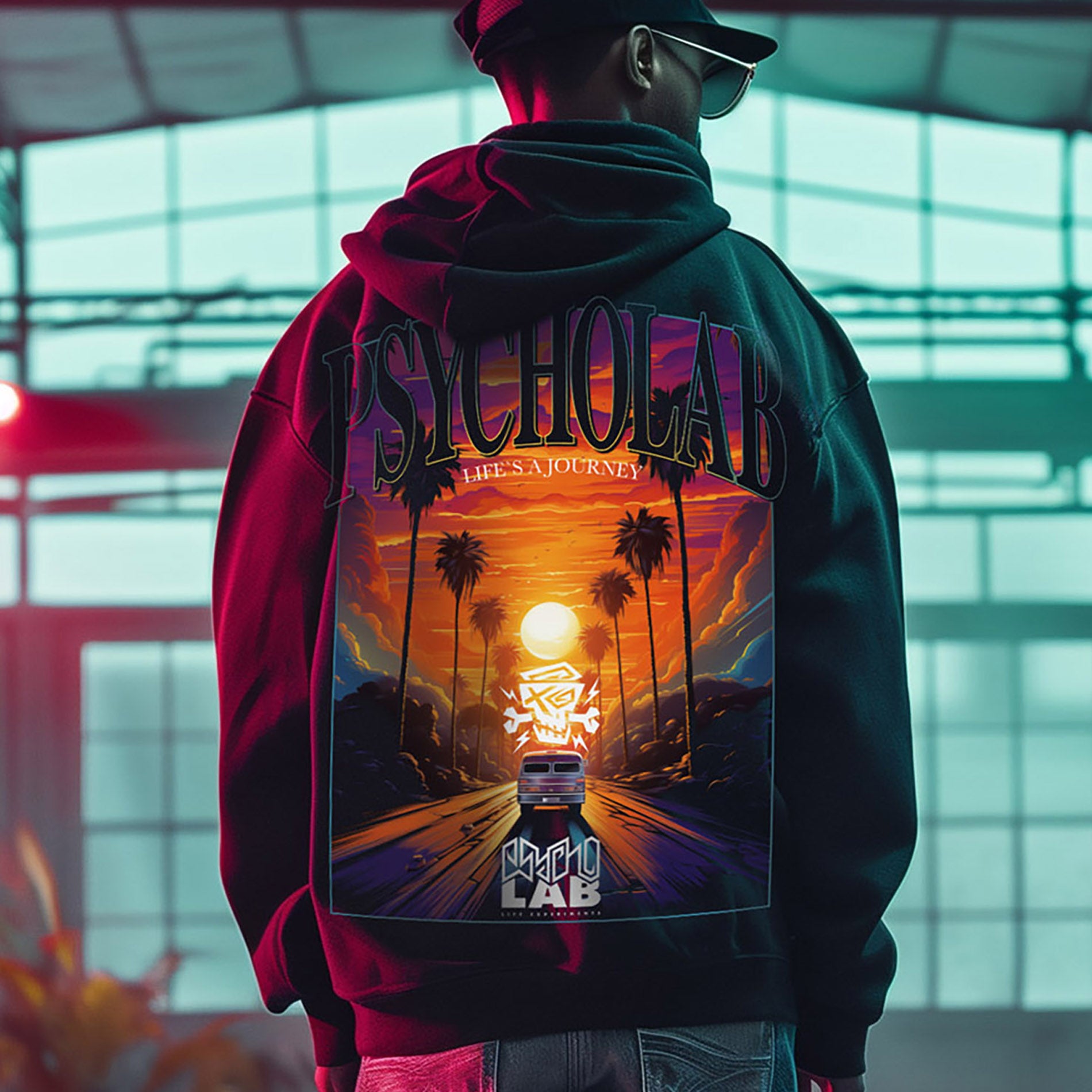 Zip Hoodie Journey von PsychoLab mit auffälligem Sonnenuntergangsdesign und Palmen auf dem Rücken, ideal für urbane Abenteuer.