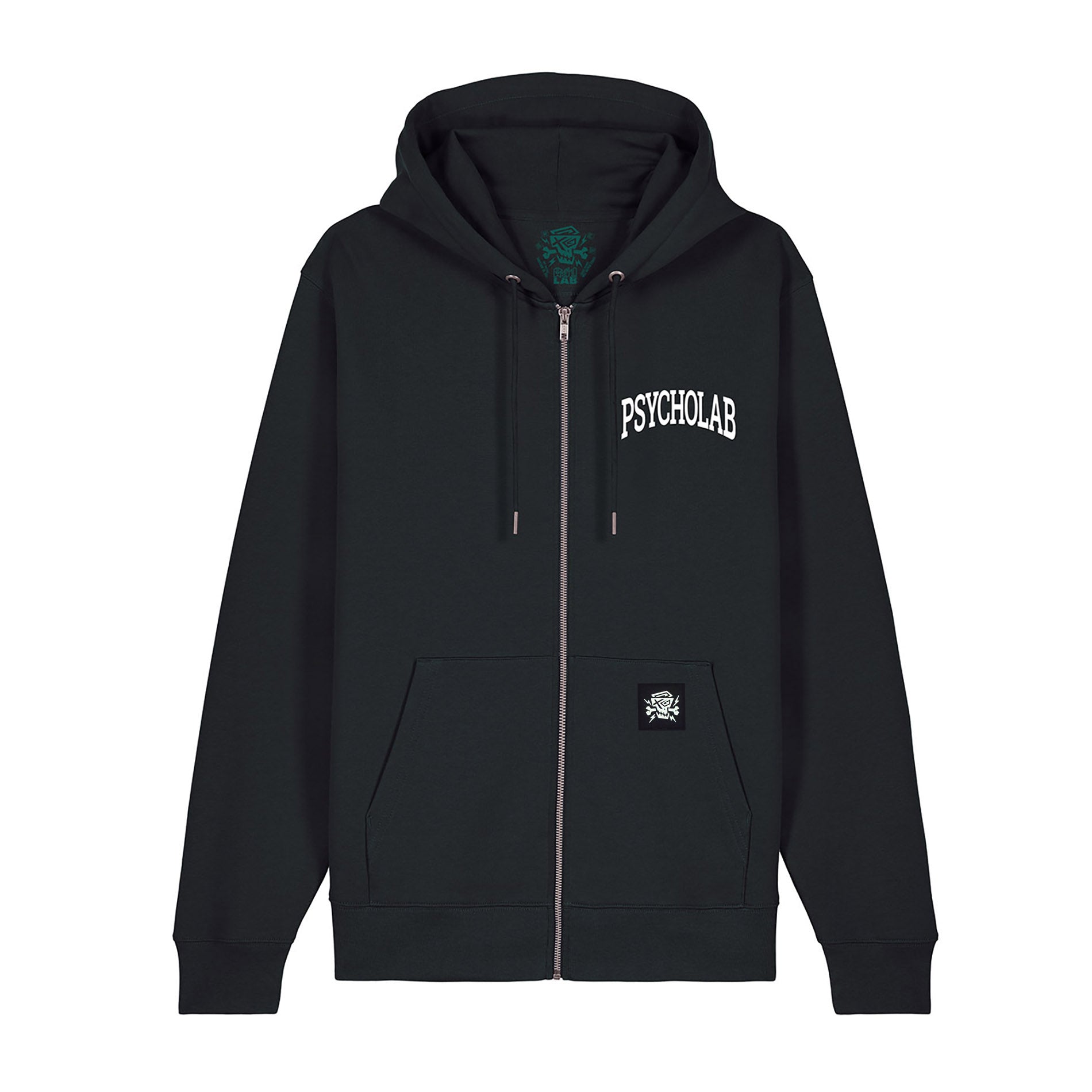 Der Zip Hoodie Academy Black von PsychoLab zeigt eine frontale Ansicht mit markantem PsychoLab-Logo, ideal für Streetwear-Fans.