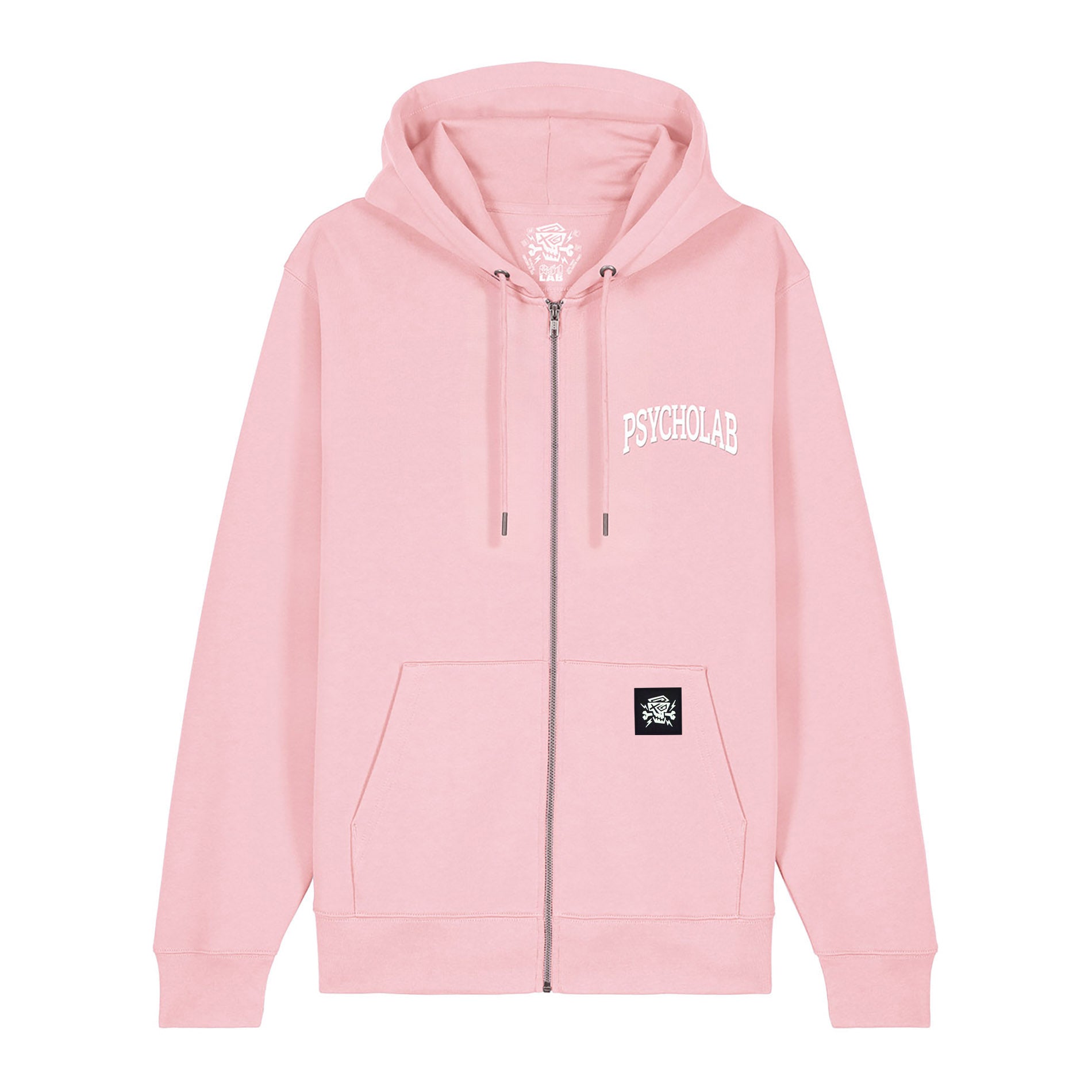 Zip Hoodie Academy Pink von PsychoLab, Frontansicht mit klassischem Reißverschluss und ikonischem Logo.