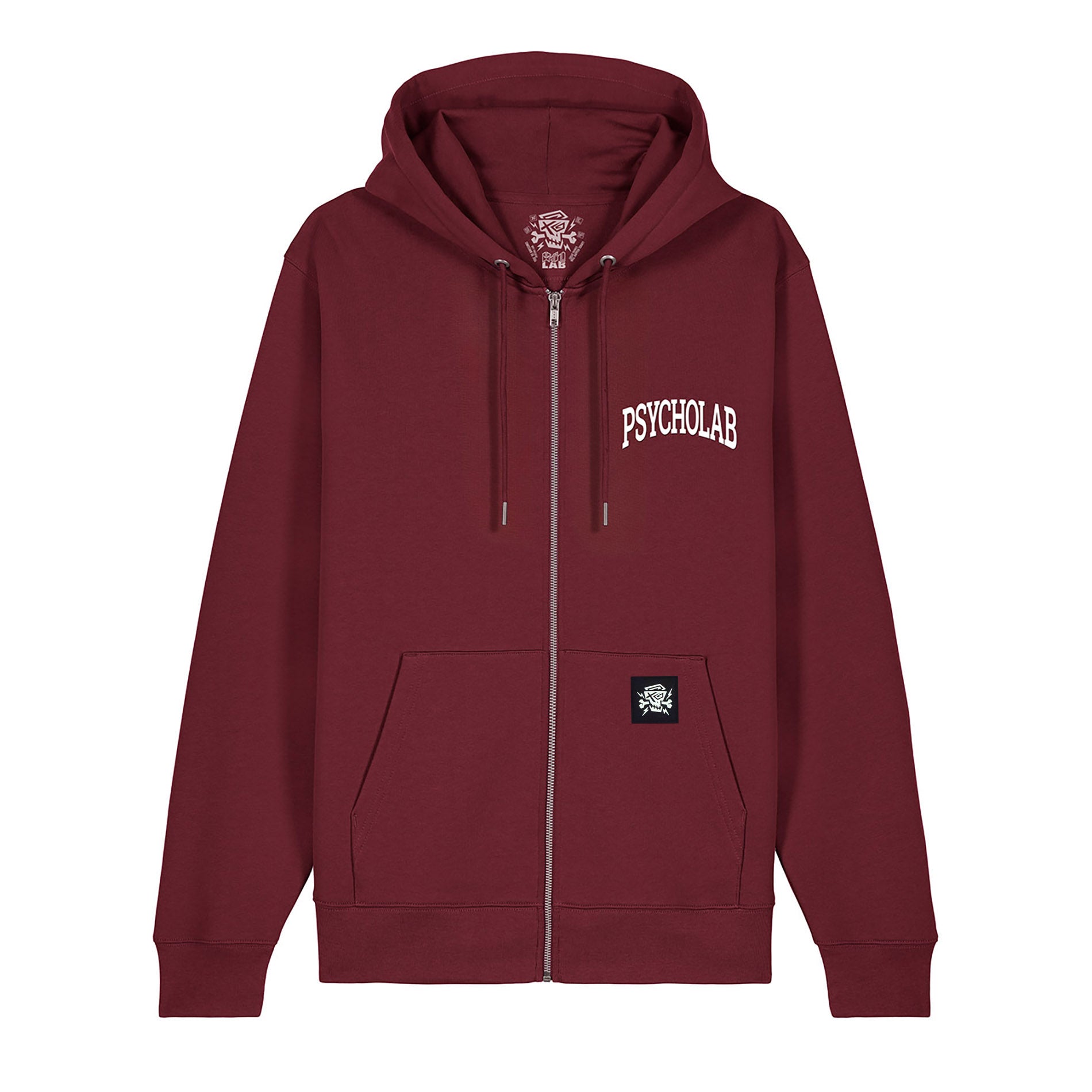 Der Zip Hoodie Academy Burgundy von PsychoLab mit charakteristischer Stickerei auf der Brust und Kängurutaschen, ideal für einen entspannten urbanen Look.