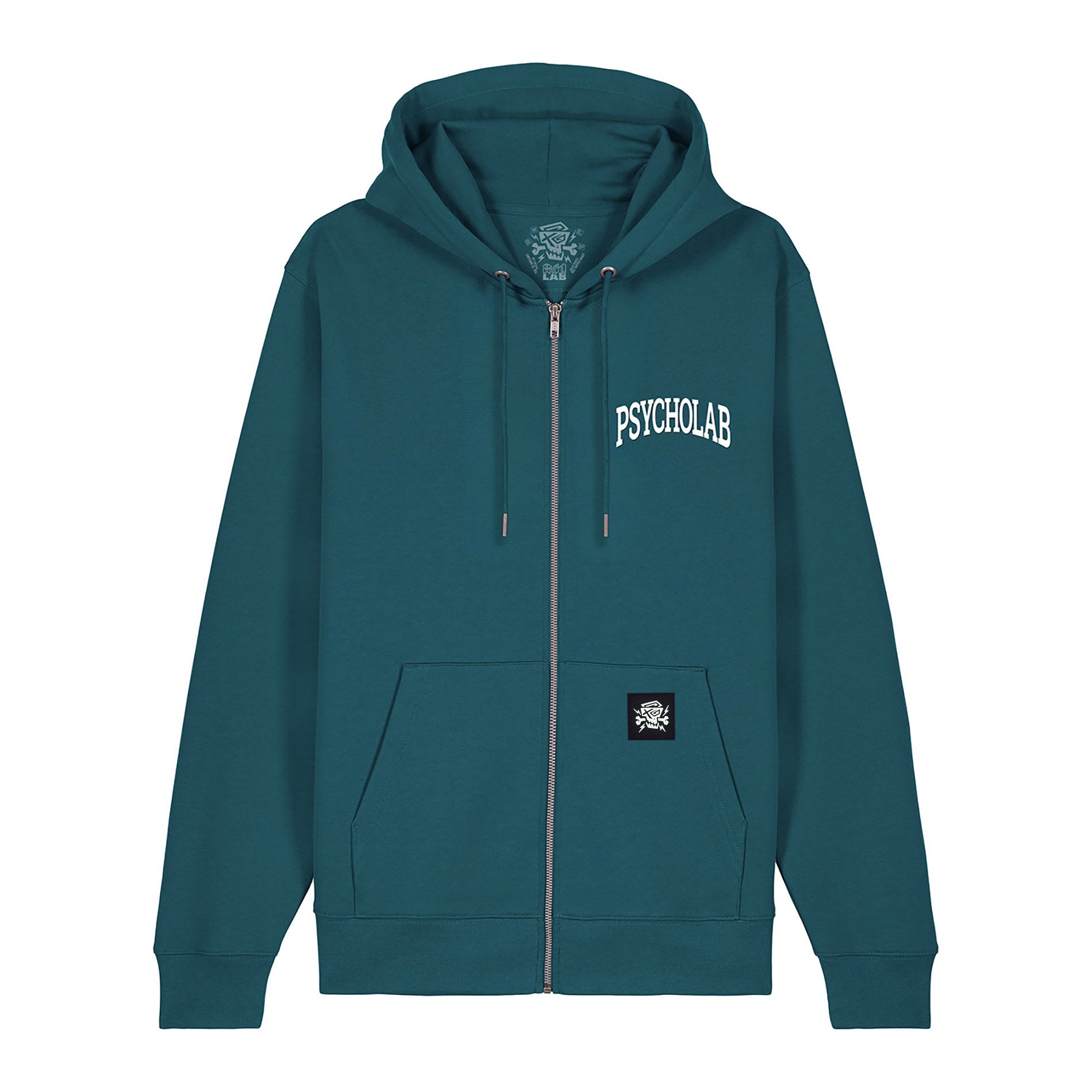 Zip Hoodie Academy Green von PsychoLab, in klassischem urbanem Design, mit hochwertigem 100% Bio-Baumwollmaterial, Reißverschluss und PsychoLab-Logo.