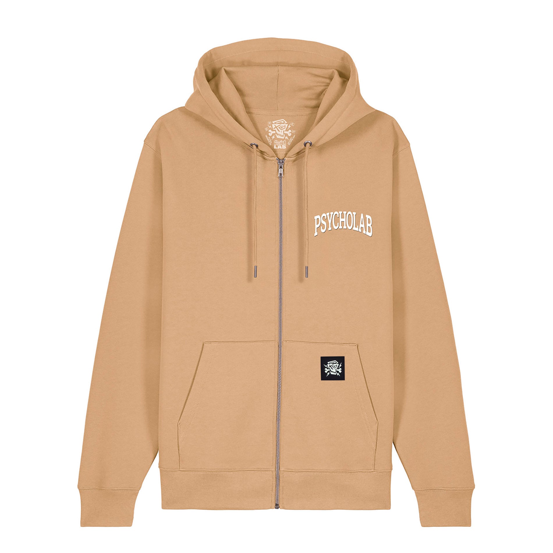 Zip Hoodie Academy Latte von PsychoLab in beiger Farbe, mit klassischem PsychoLab Schriftzug auf der Brust und Kängurutasche mit Skull-Logo.