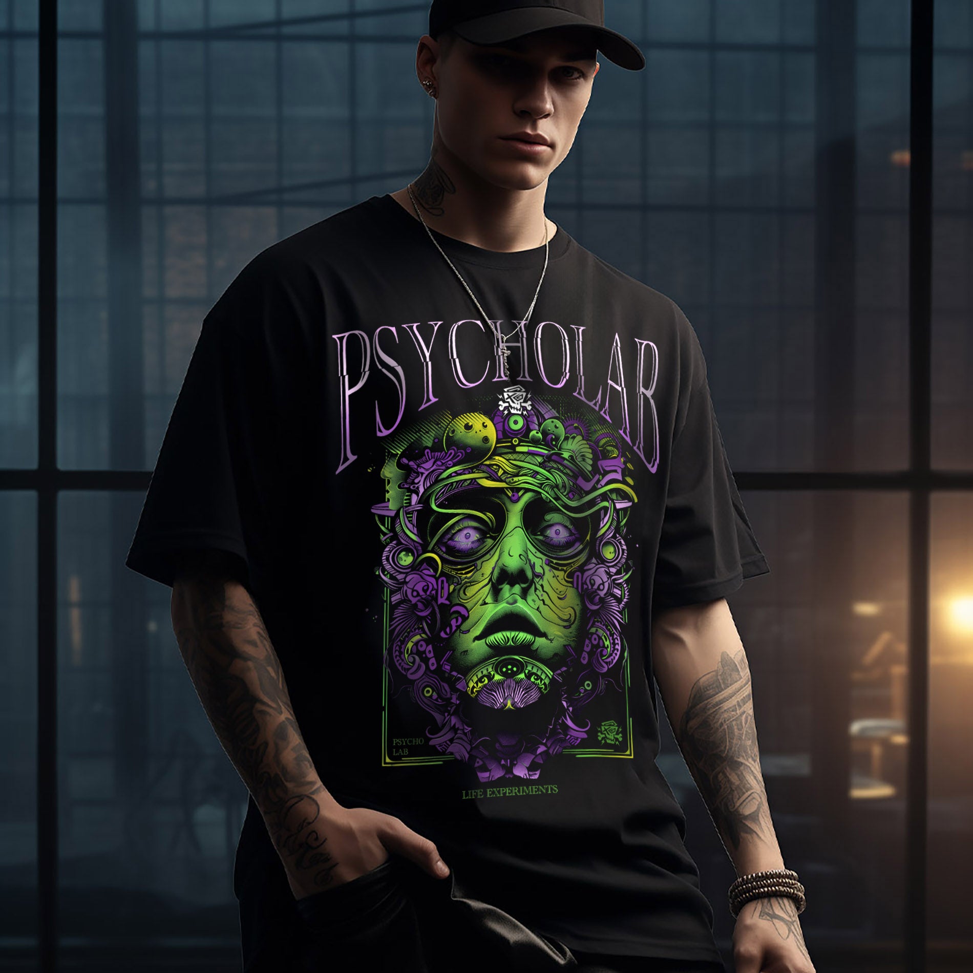 Mann trägt das Absynth T-Shirt Black von PsychoLab mit auffälligem Design in einer urbanen Umgebung, ideal für Streetwear-Fans.
