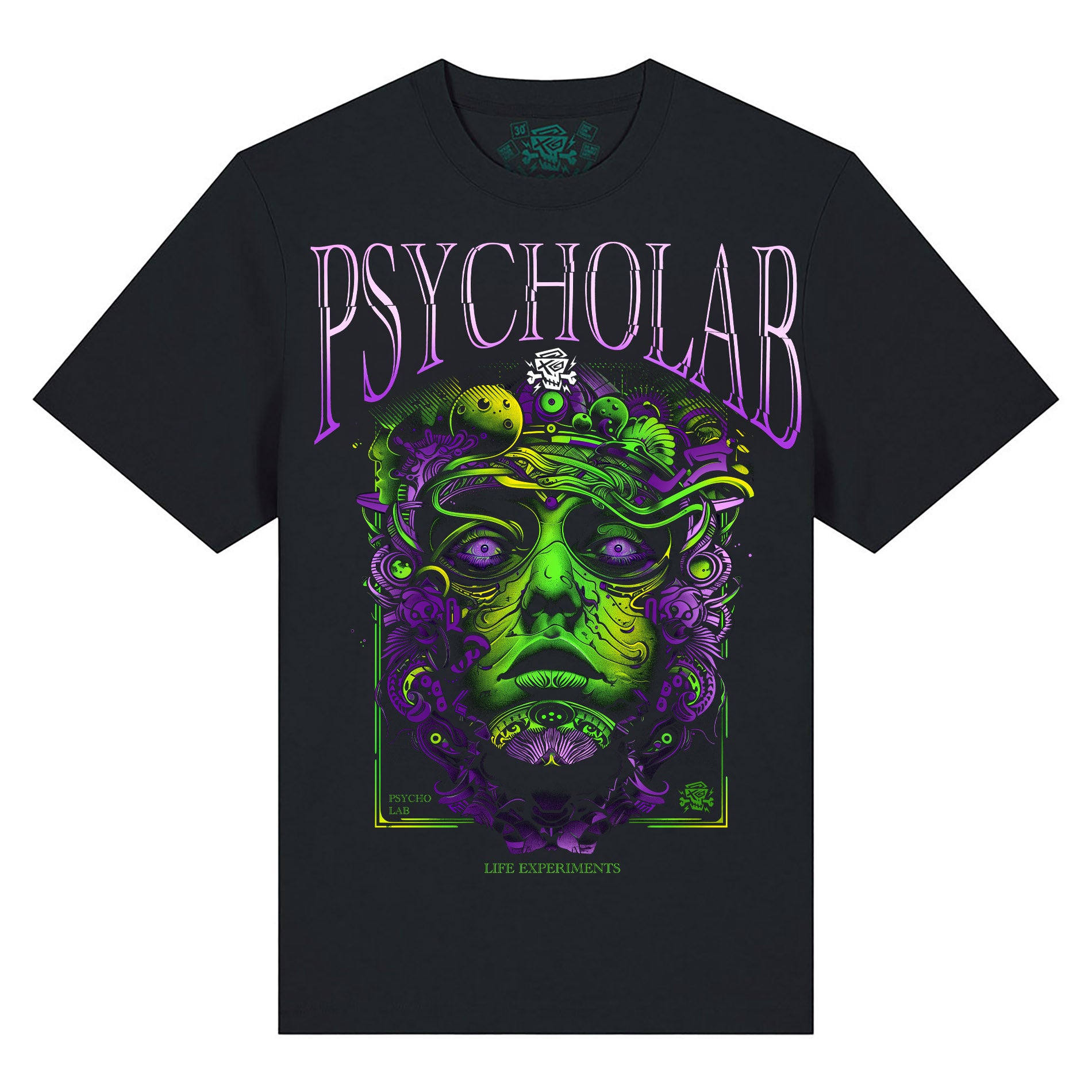 Das Absynth T-Shirt Black von PsychoLab mit einzigartigem grafischem Druck auf der Vorderseite, perfekt für nachhaltige Mode.