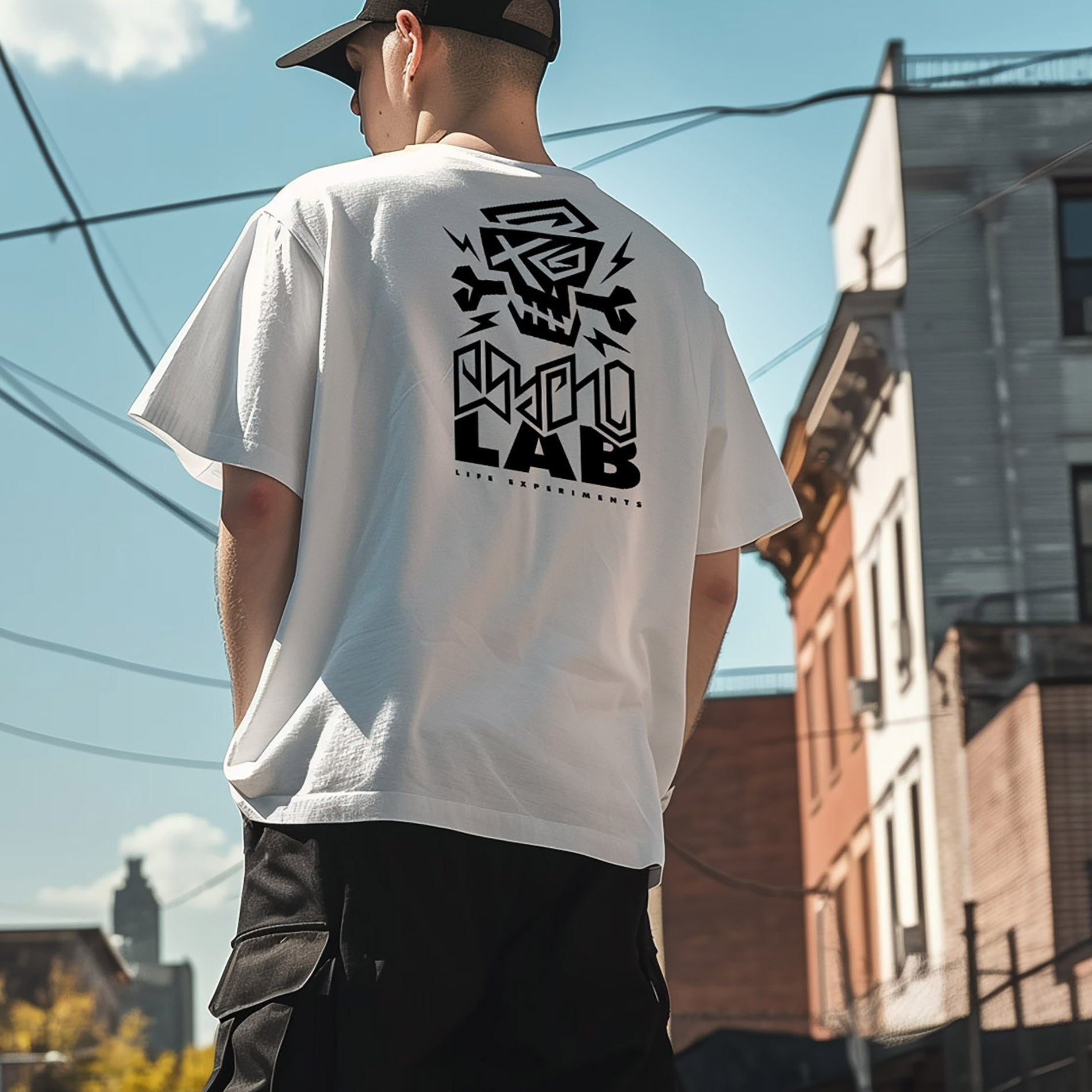Junge trägt ein T-Shirt Logo White von PsychoLab mit auffälligem Design auf der Rückseite, perfekt für urbanen Style.