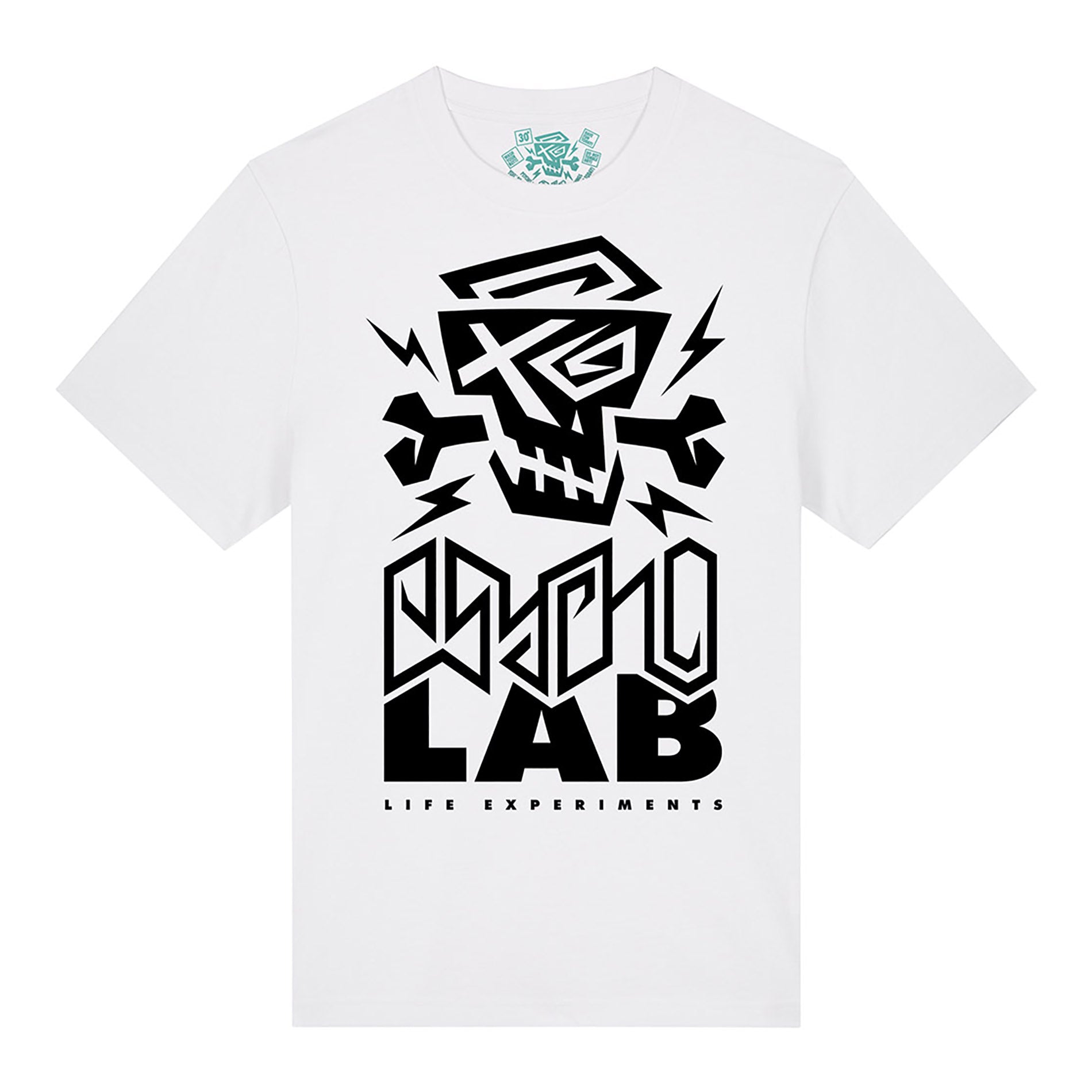 Frontansicht des T-Shirt Logo White von PsychoLab, präsentiert mit einzigartigem Grafiken und urbanem Flair.