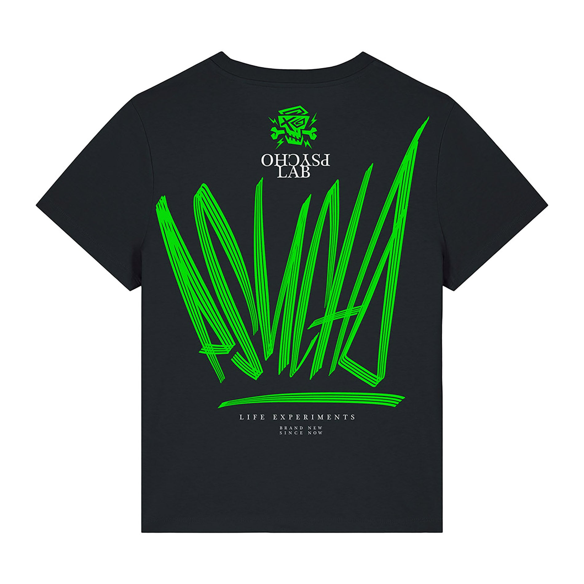 Das Women Shirt Dynamic von PsychoLab in Nahaufnahme. Die Rückansicht zeigt die markante grüne Schrift und das PsychoLab-Logo, das diesem Shirt eine individuelle Note verleiht. Ideal für alle, die ihre Streetwear-Outfits hervorheben möchten.