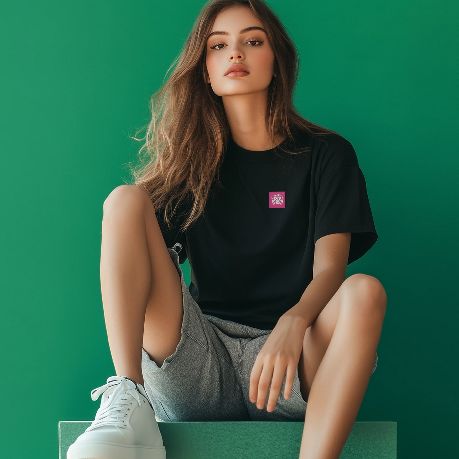Frau trägt das Women Shirt Dynamic von PsychoLab, das minimalistisches Design mit einem kleinen Logo kombiniert und perfekt für einen urbanen Look ist.