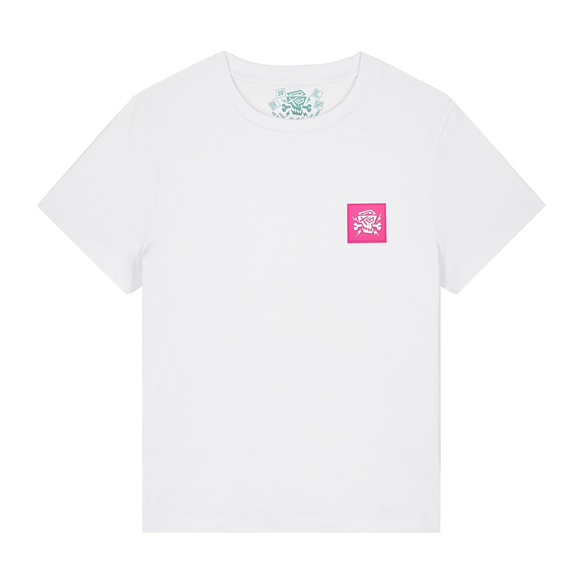 Frontansicht des Women Shirt Emotion von PsychoLab in Weiß, mit stilvollem pinken Totenkopf-Patch auf der Brust. Perfekt für modebewusste Frauen.