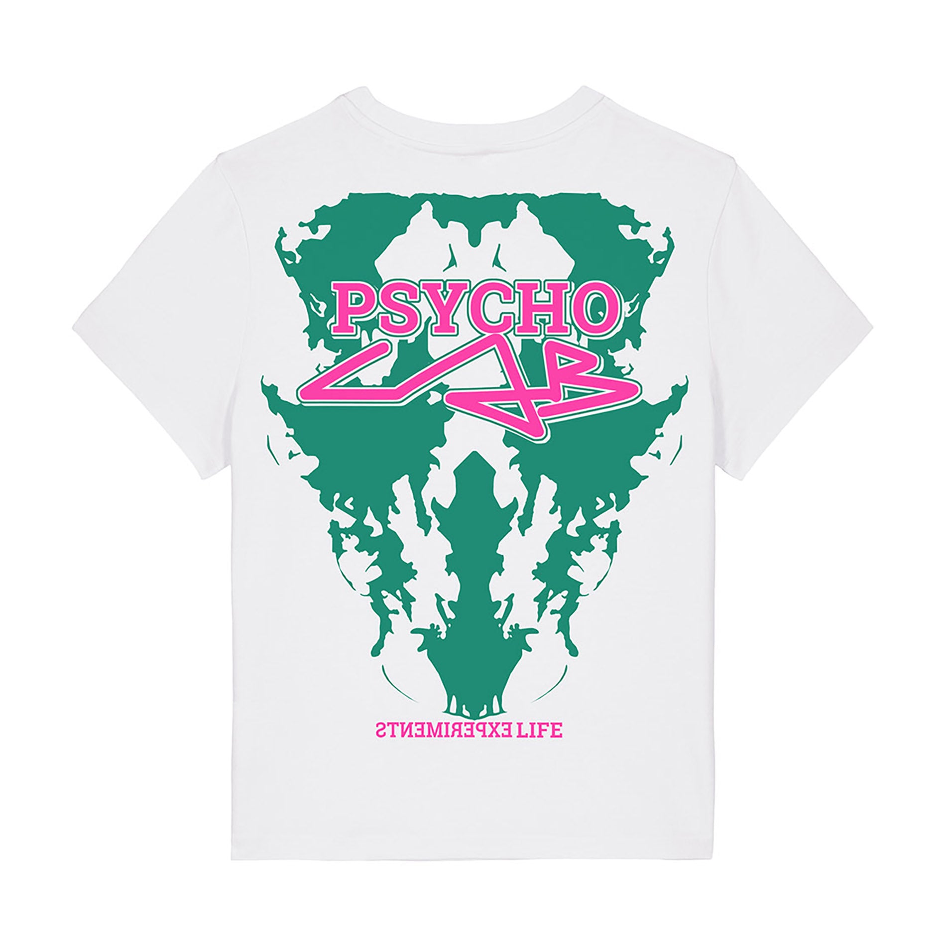 Rückansicht des Women Shirt Emotion von PsychoLab zeigt ein auffälliges Grafikdesign in grün und pink. Ein echtes Statement für jeden Streetstyle.