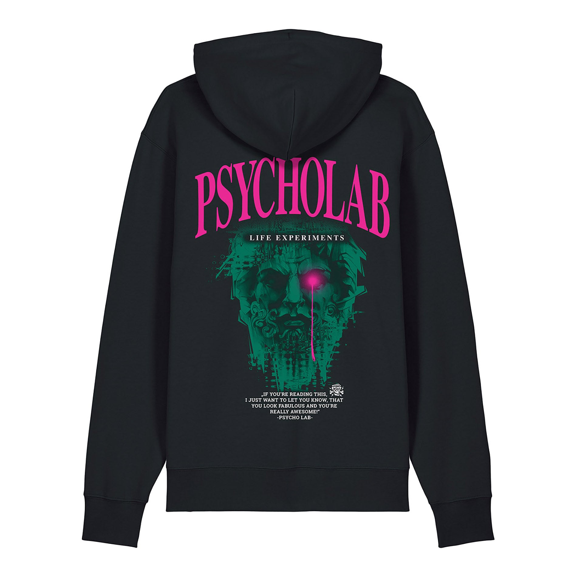 Schwarzer Hoodie mit grünem Gesichtsmotiv und pinkem PsychoLab-Schriftzug auf dem Rücken