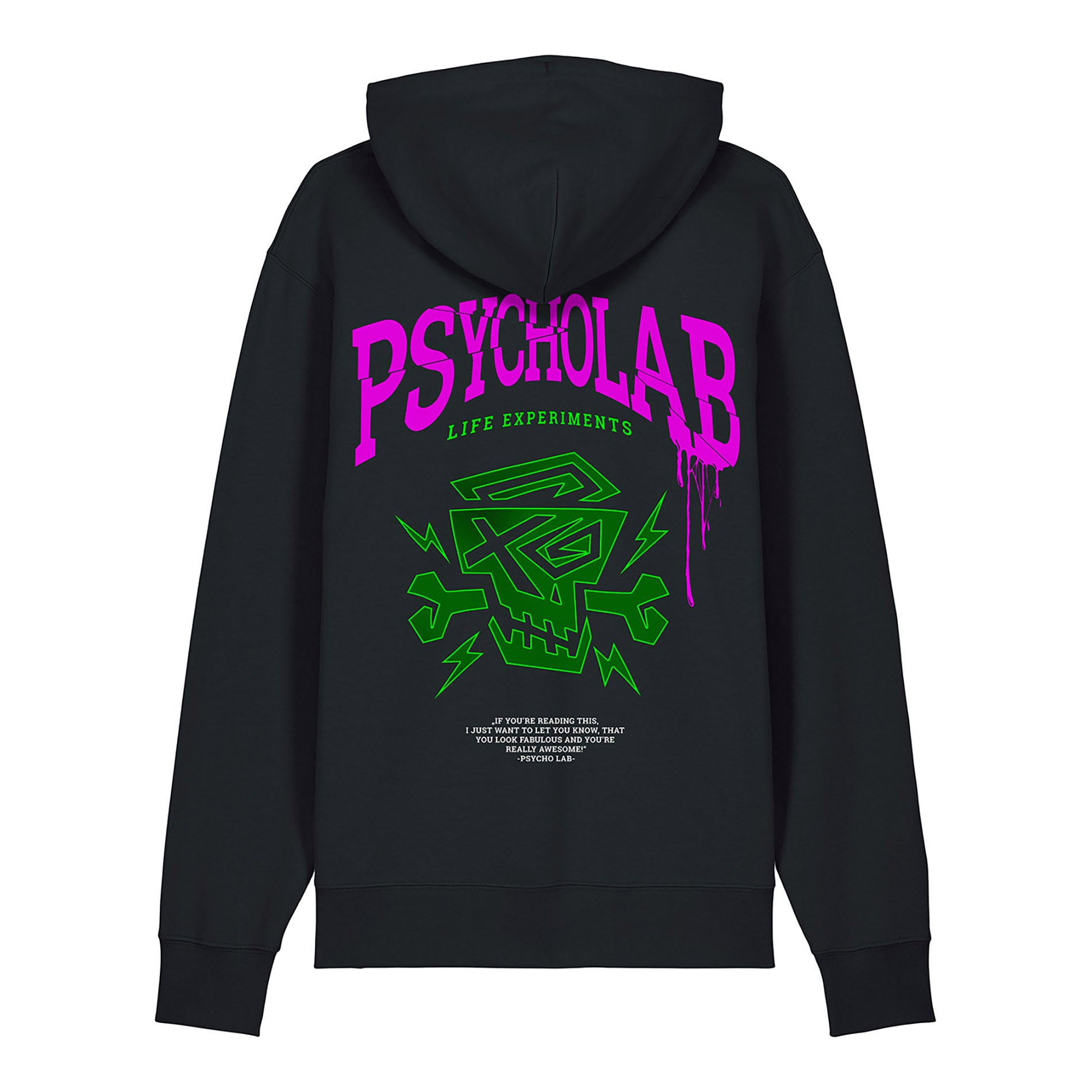 Ansicht der Rückseite des PsychoLab Hoodie Experiments, zeigt das auffällige Neon-Grün-Pink-Design und das große PsychoLab-Logo, ideal für mutige Fashion-Liebhaber.