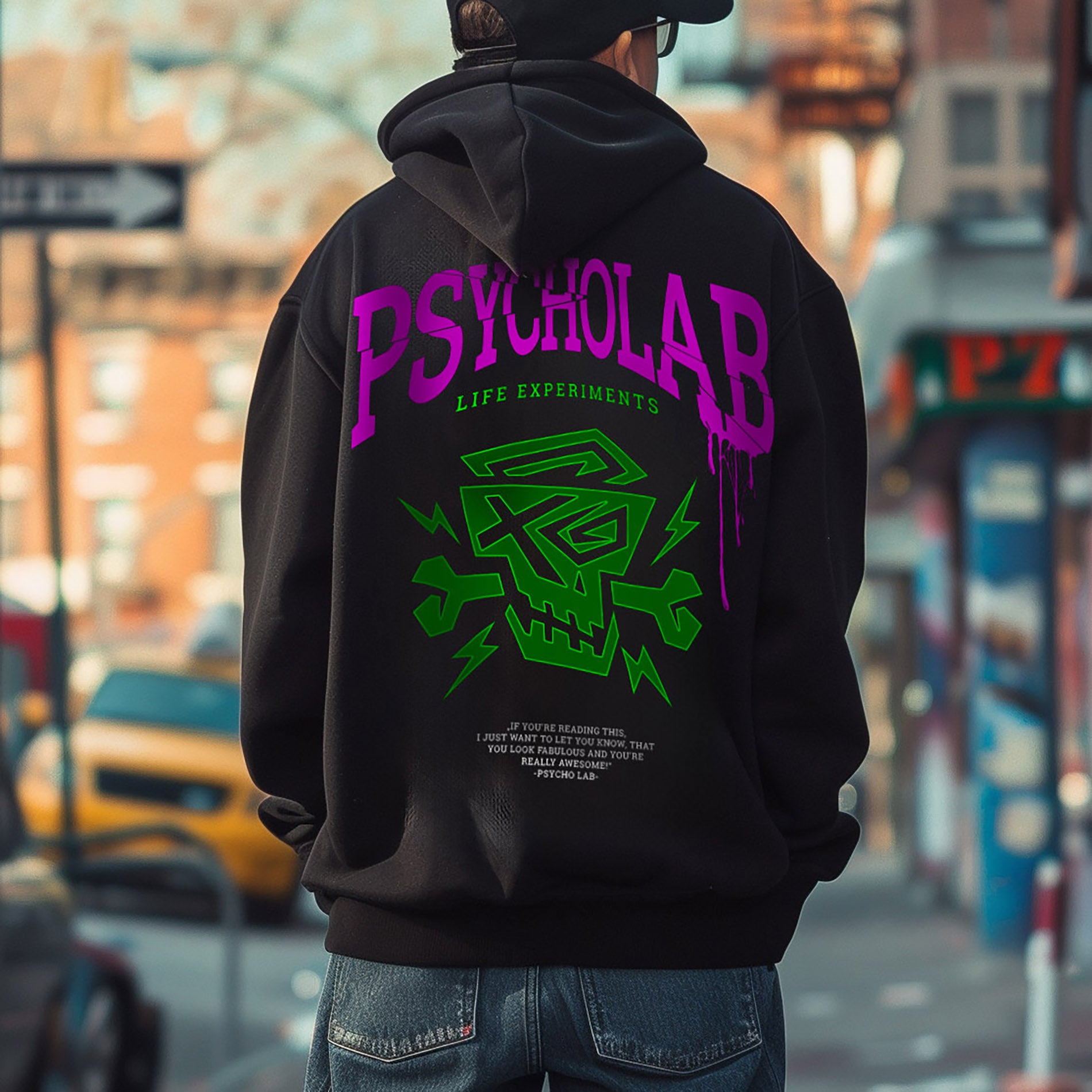 Der Hoodie Experiments von PsychoLab in schwarz mit kontrastierendem Neon-Grün-Pink-Design auf der Rückseite und PsychoLab-Schädel auf der Vorderseite, perfekt für den urbanen Stil.