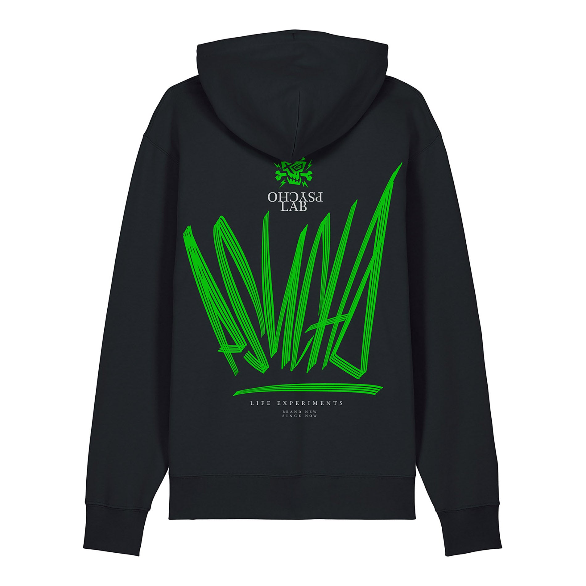 Der Hoodie Dynamic von PsychoLab zeigt ein auffälliges grünes grafisches Design auf der Rückseite, ideal für urbanen Stil und Streetwear-Look.