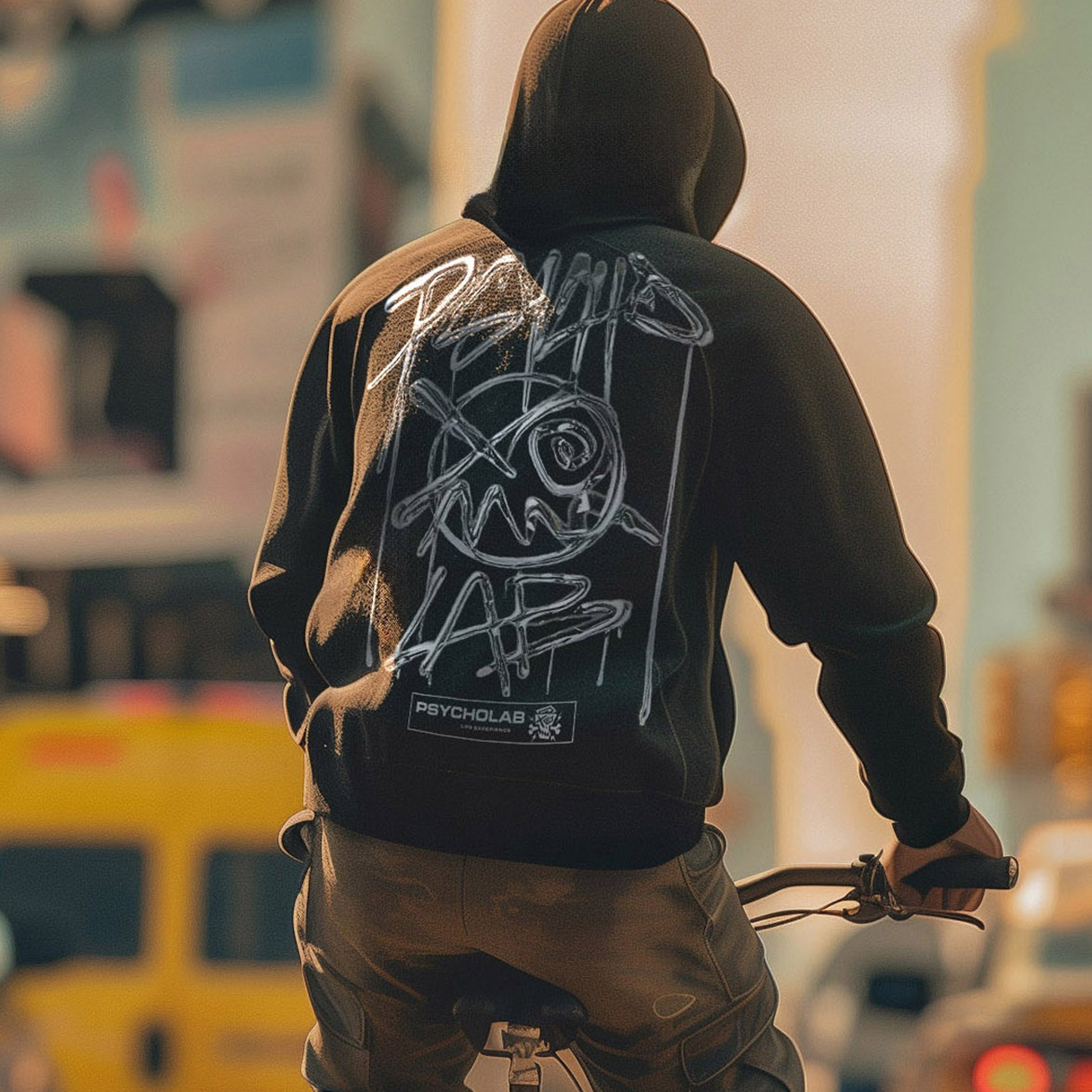 Mann fährt Fahrrad und trägt den Hoodie Chrome Black von PsychoLab mit beeindruckendem Chrome-Graffiti-Design auf der Rückseite. Perfekt für urbanen Style.