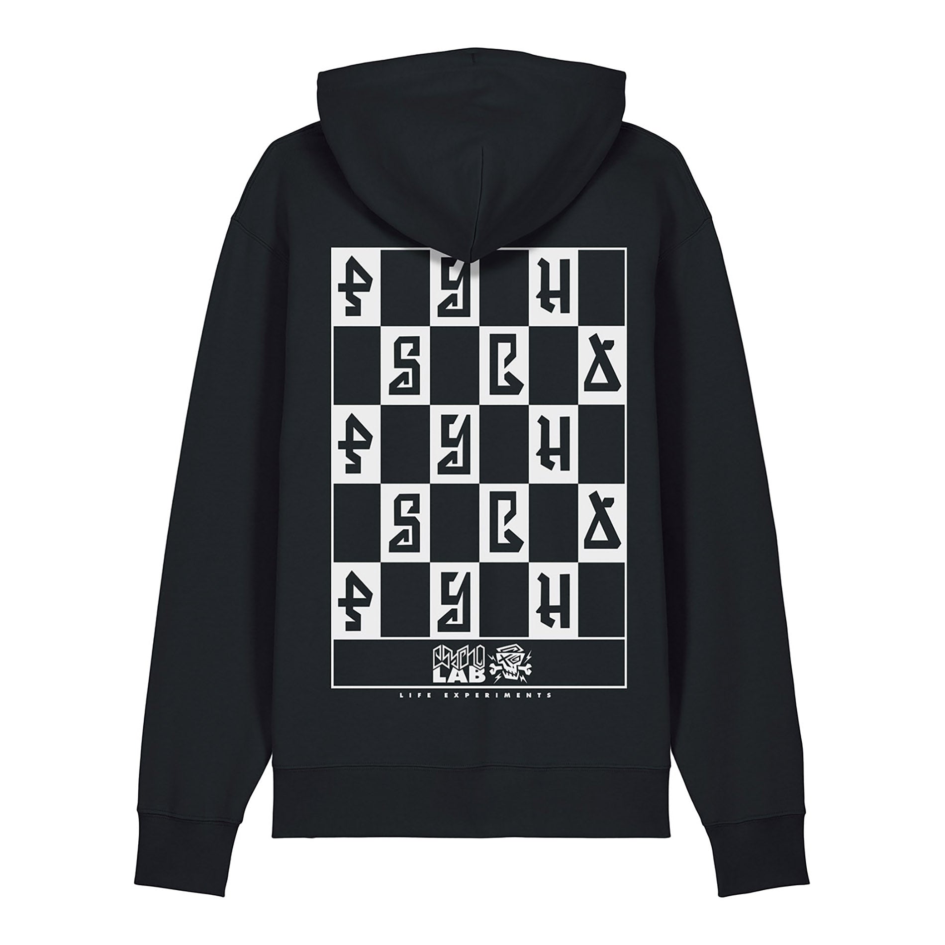 Hinteransicht des Hoodie Mindset von PsychoLab mit grafischem Schachbrettdesign und futuristischen Buchstaben, perfekt für trendbewusste Streetwear-Enthusiasten.
