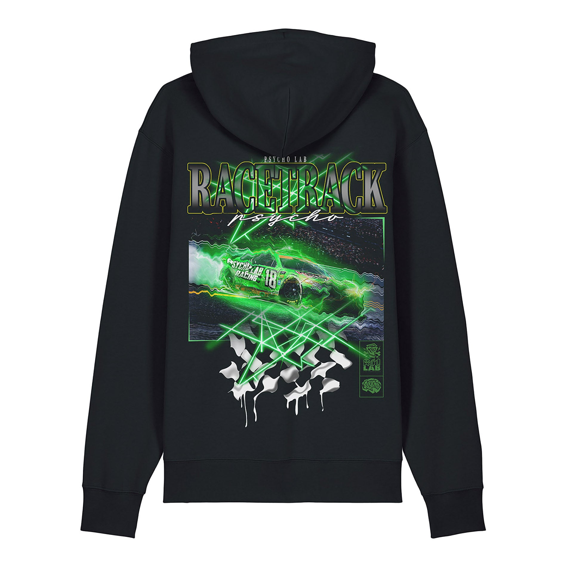 Hoodie Racetrack von PsychoLab mit leuchtender Rennsportgrafik auf der Rückseite, ideal für Racing-Fans und stylische Streetwear.