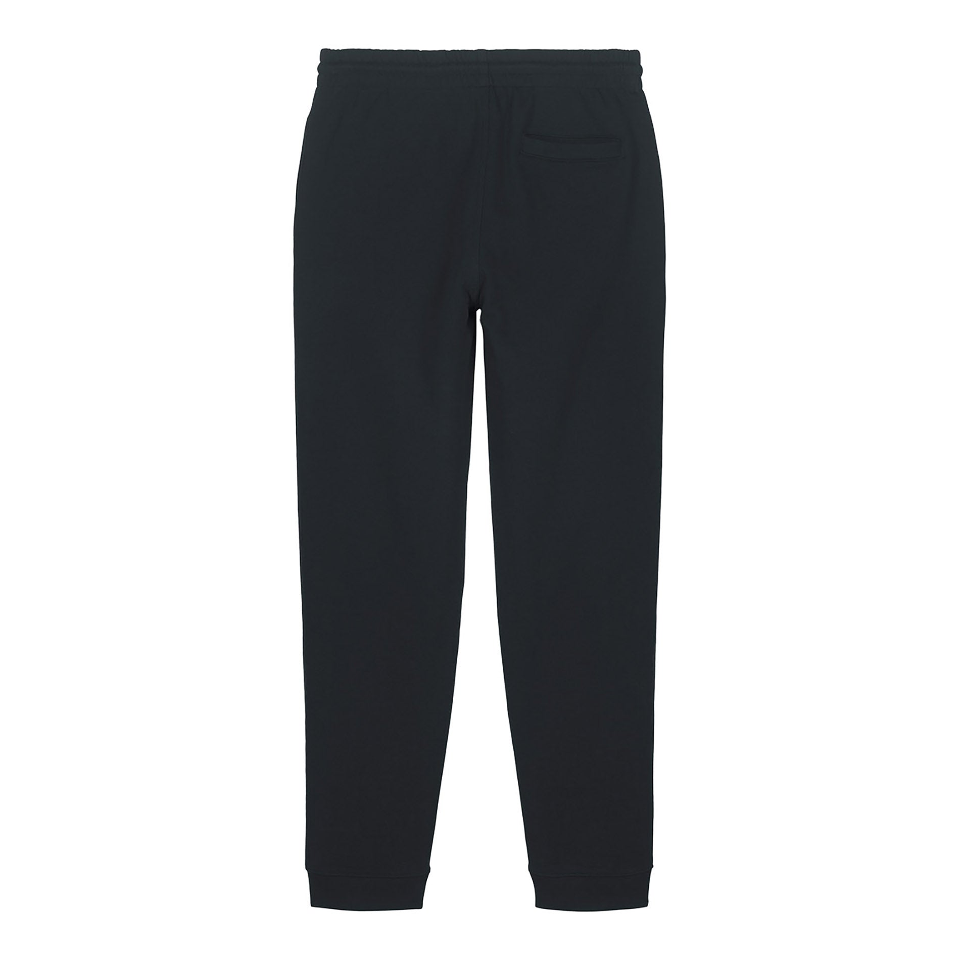Rückansicht der Pants Effect von PsychoLab, schwarze Sweatpants mit Gesäßtasche, ideal für nachhaltige Mode.