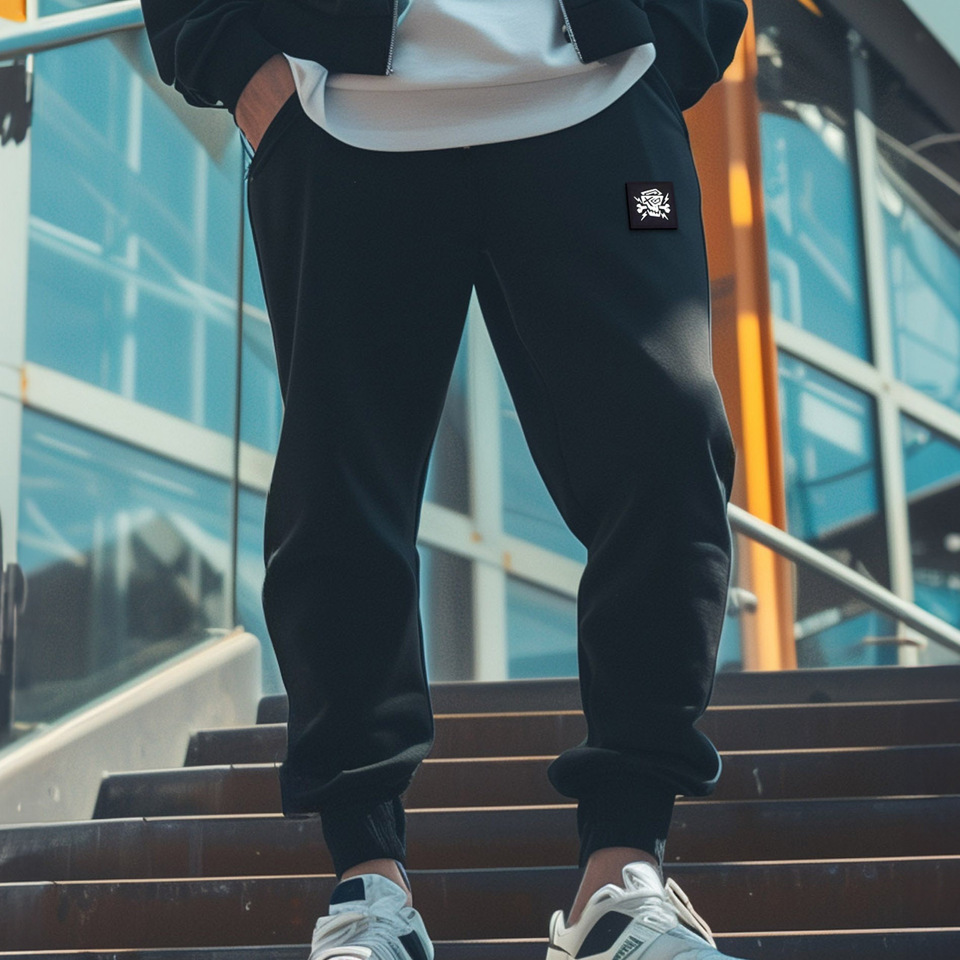 Pants Effect von PsychoLab, kombinierbare schwarze Sweatpants mit markantem Patch, ideal für Freizeit und Streetwear.