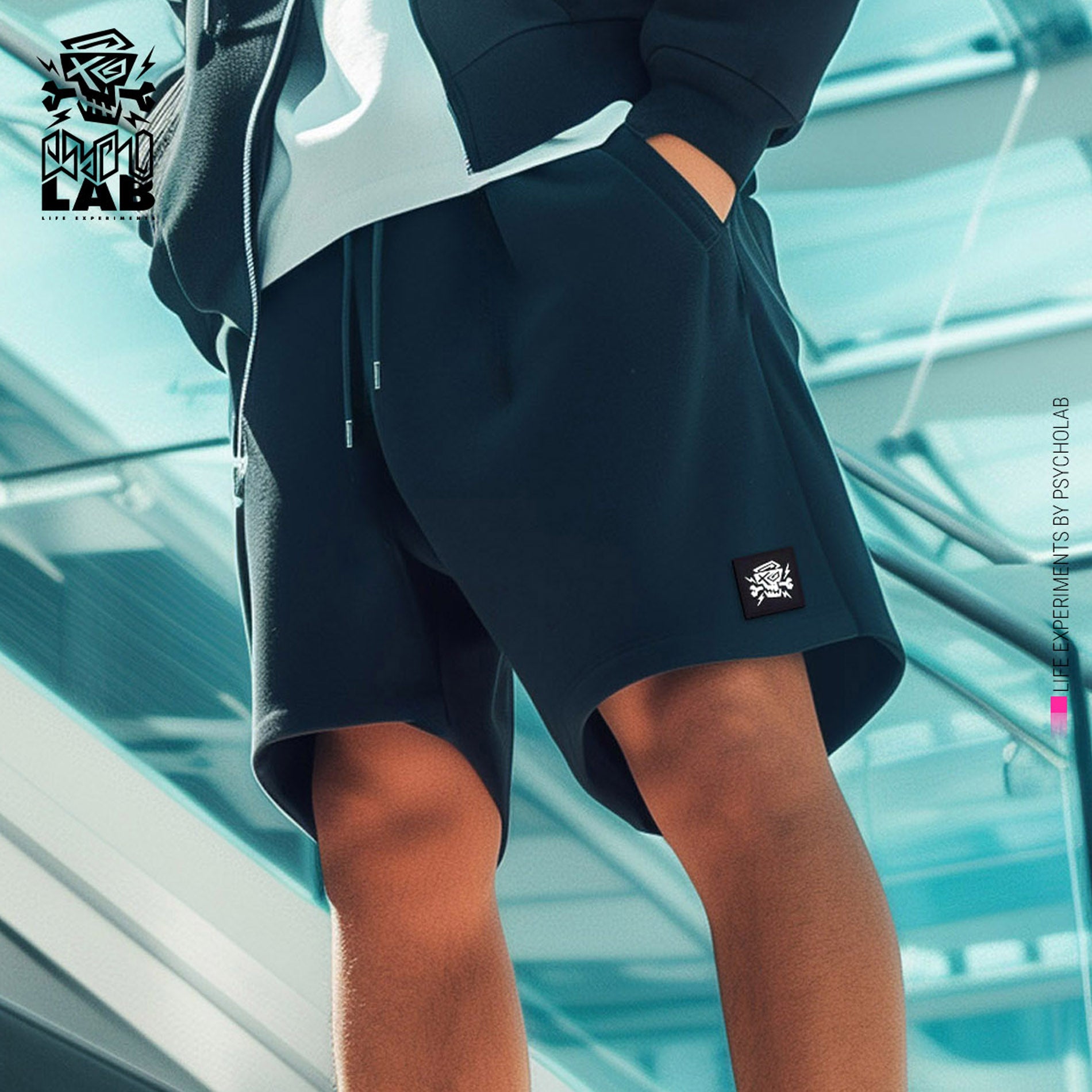 Stylische Shorts Black Effect von PsychoLab, die aus Bio-Baumwolle gefertigt sind, mit ikonischem Logo auf der Vorderseite und passender minimalistischer Ästhetik.