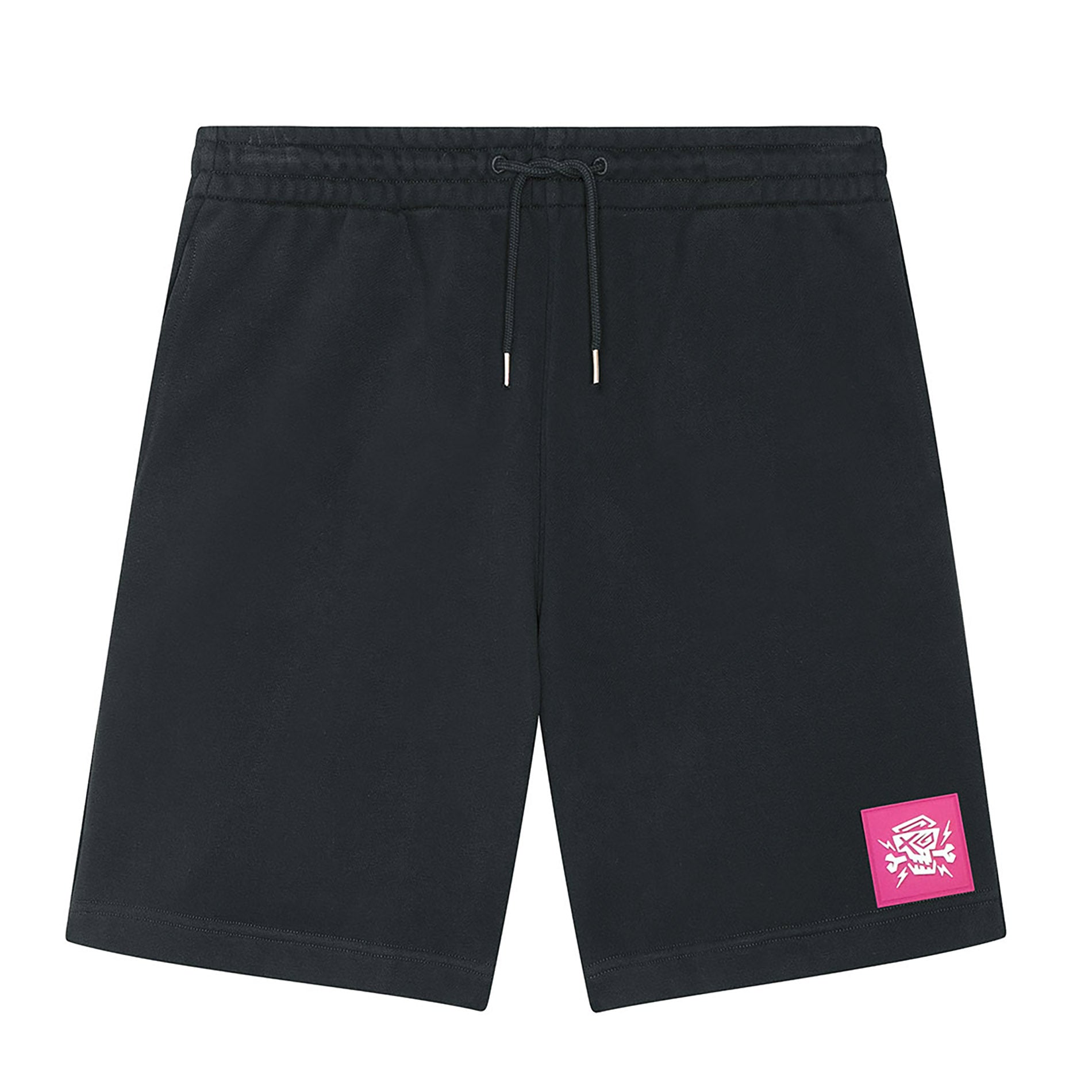 Vorderansicht der Shorts Pink Effect von PsychoLab, die den elastischen Bund und den auffälligen pinken Logopatch betont.