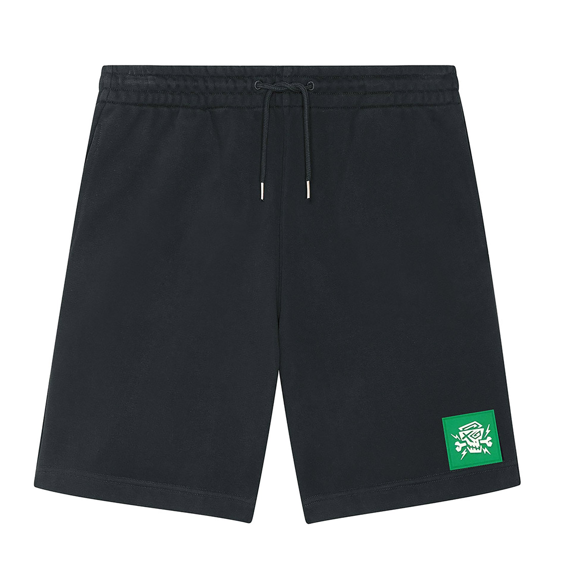 Vorderansicht der Shorts Green Effect von PsychoLab, ausgestattet mit einem auffälligen grünen PsychoLab Logo und einem elastischen Bund für besten Tragekomfort.