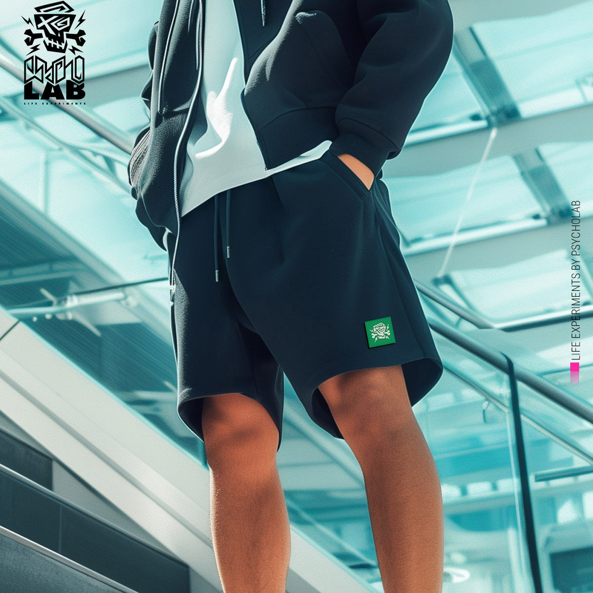 Stylische Shorts Green Effect von PsychoLab, hergestellt aus 100% Bio-Baumwolle. Ideal für einen urbanen Look und maximalen Tragekomfort, perfekt für Streetwear-Enthusiasten.