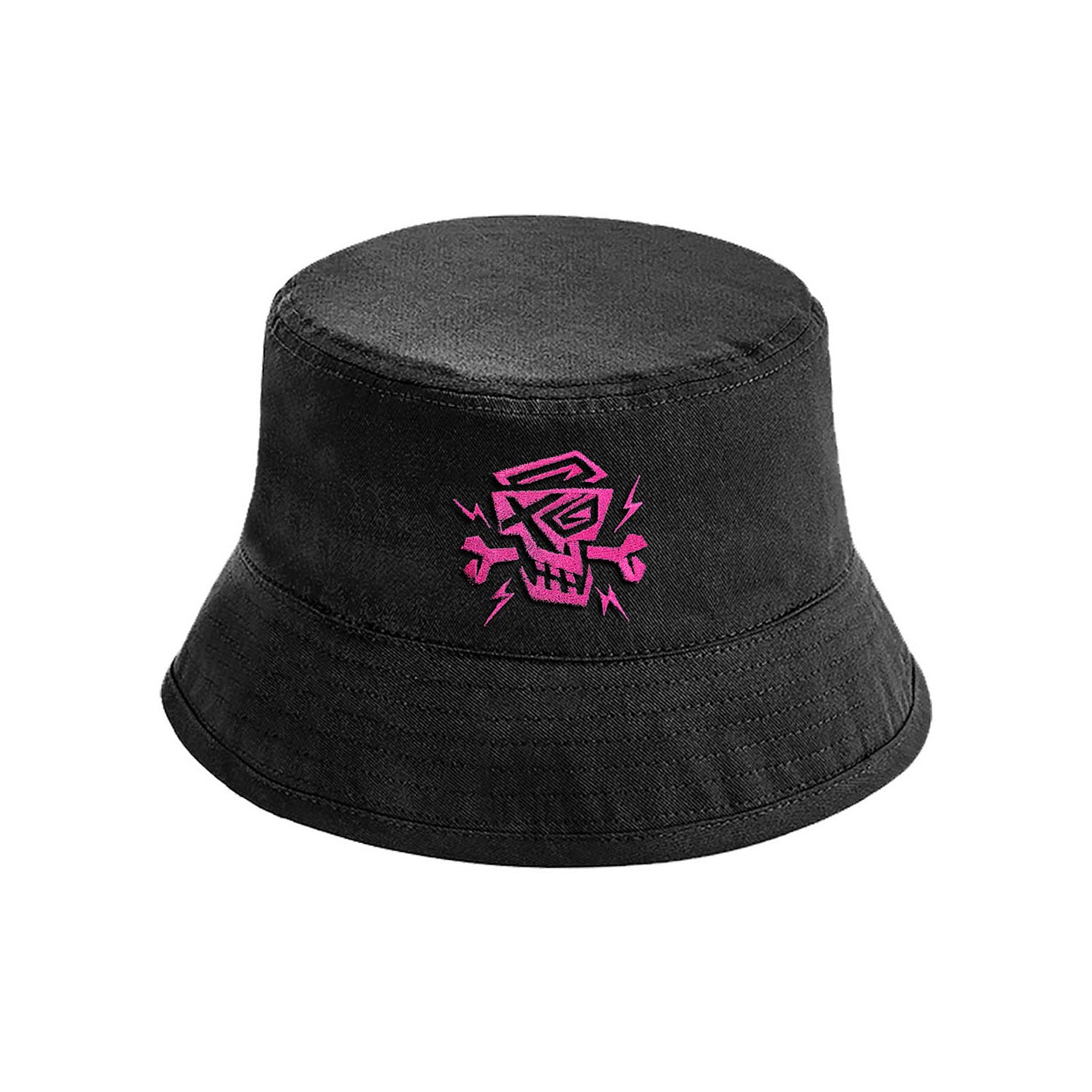 Der Bucket Hat Pink Logo von PsychoLab in Schwarz, dekoriert mit einem markanten pinken Skull-Logo, ideal für Streetwear-Enthusiasten.