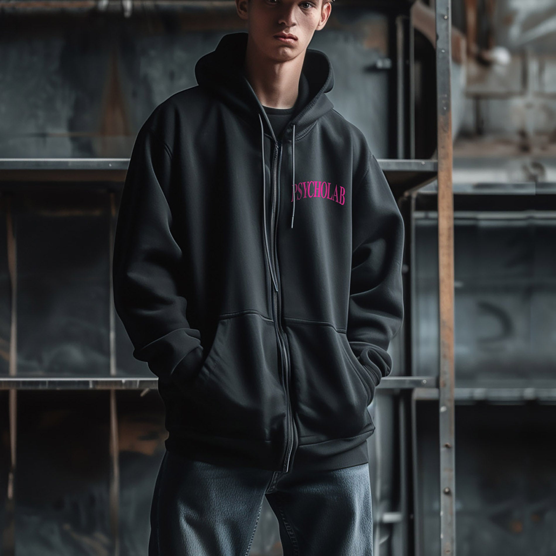 Mann trägt den Zip Hoodie Knowledge von PsychoLab in Schwarz, perfekt für lässige Looks mit seinem komfortablen und modernen Design. psycholab