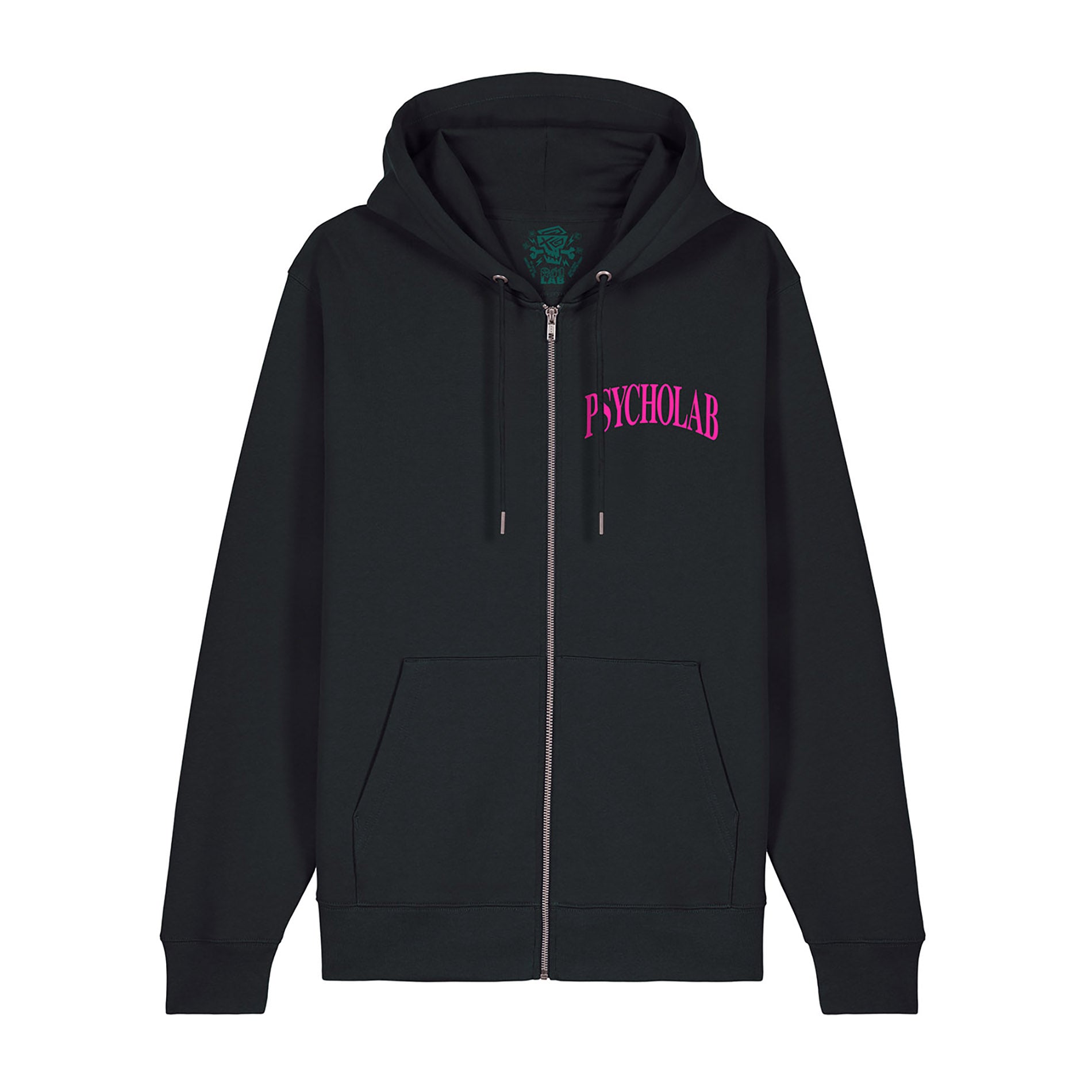 Vorderansicht des Zip Hoodies Knowledge von PsychoLab, gefertigt aus 100 % Bio-Baumwolle und versehen mit dem markanten PsychoLab-Logo. psycholab