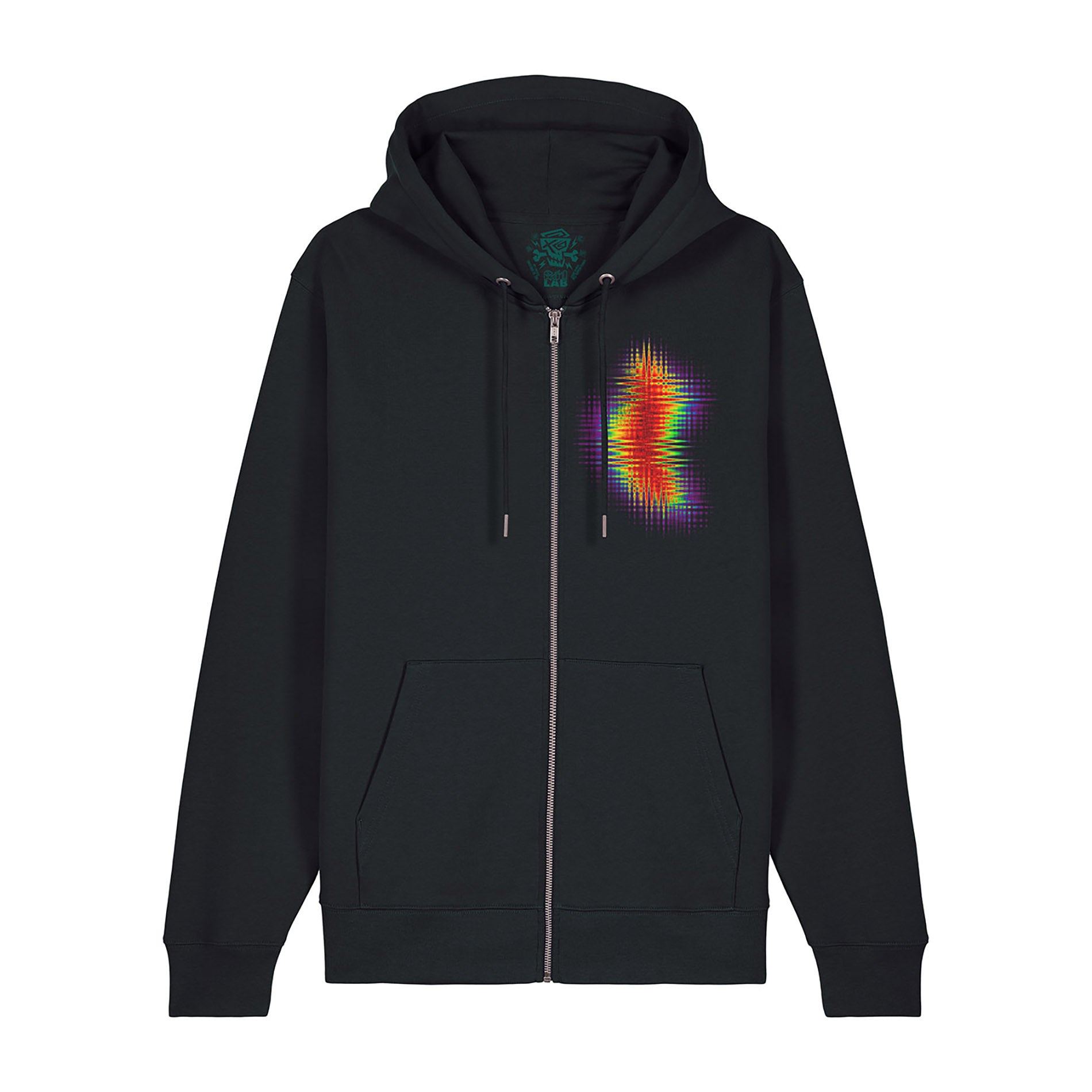 Frontansicht des Zip Hoodie Zone von PsychoLab, der eine auffällige Regenbogen-Glitch-Grafik in der oberen linken Ecke zeigt - ein echter Hingucker in der Streetwear. psycholab