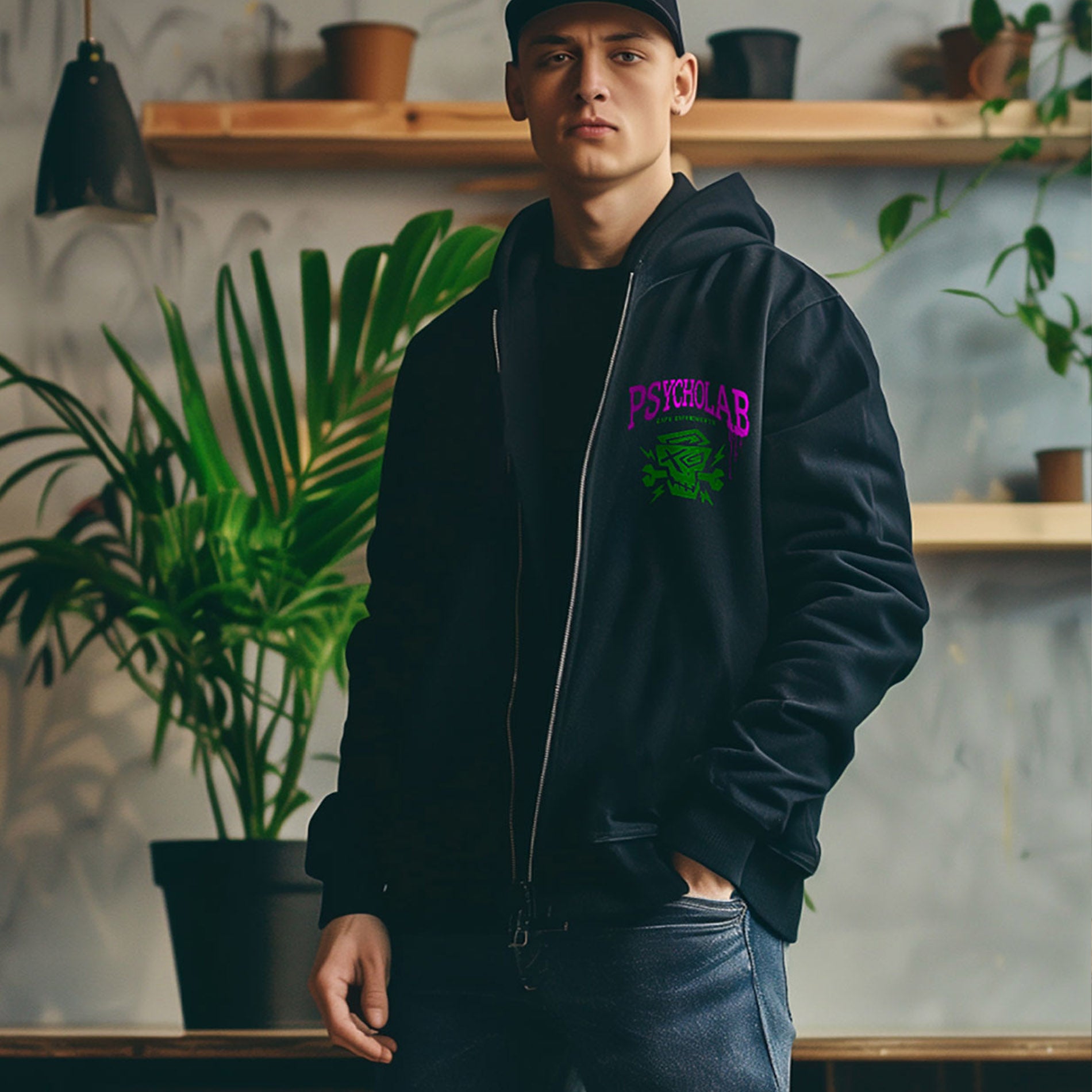 Modell trägt den Zip Hoodie Experiments von PsychoLab, mit markantem Skull-Logo auf der Brust, ideal für lässige Streetwear-Outfits.