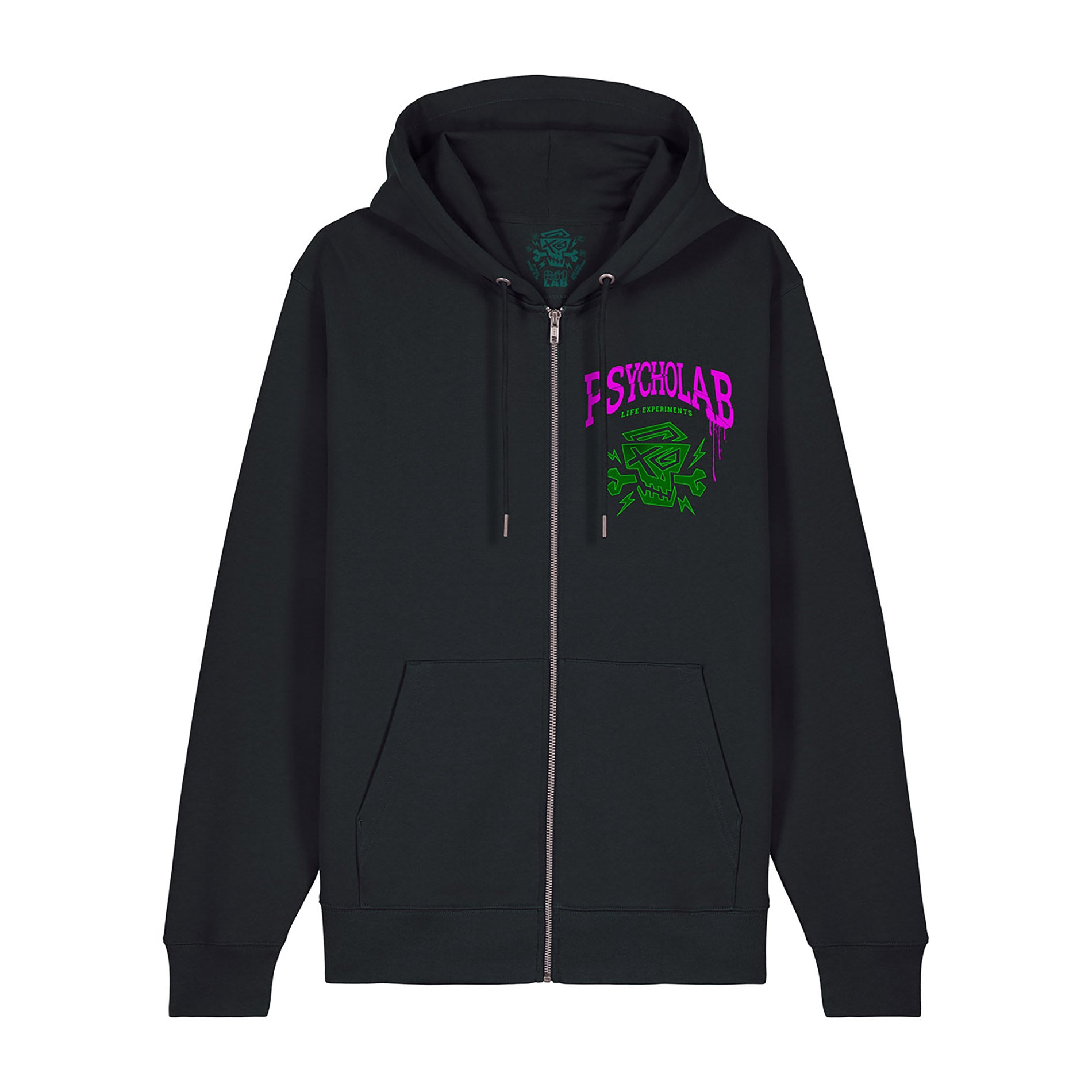 Zip Hoodie Experiments von PsychoLab, Vorderansicht, mit auffallenden neonfarbenen Akzenten und praktischem Reißverschluss, perfekt für den Alltag.