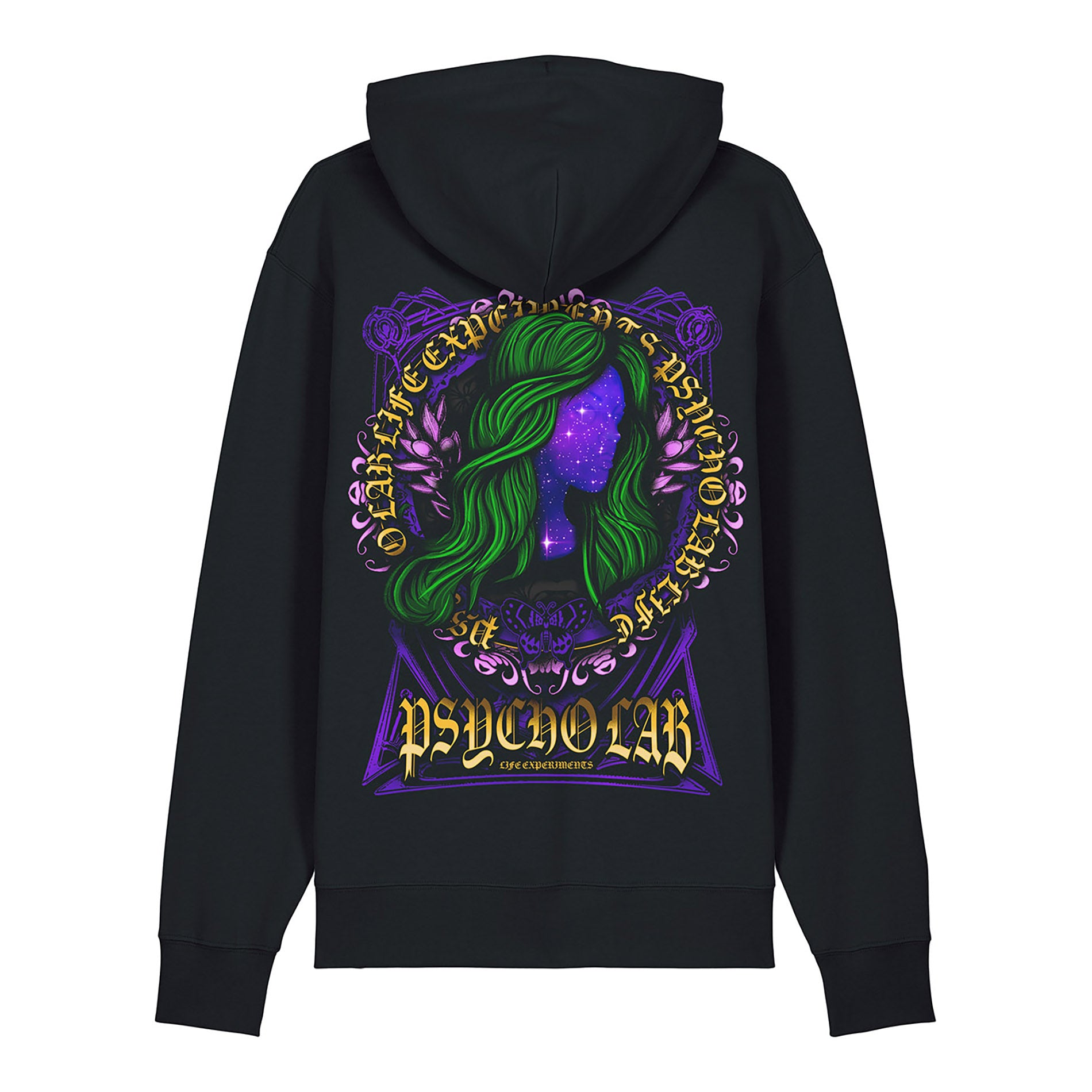 Hinteransicht des Zip Hoodies Galaxy von PsychoLab mit auffälligem Grafiken, perfekt für Streetwear-Liebhaber.