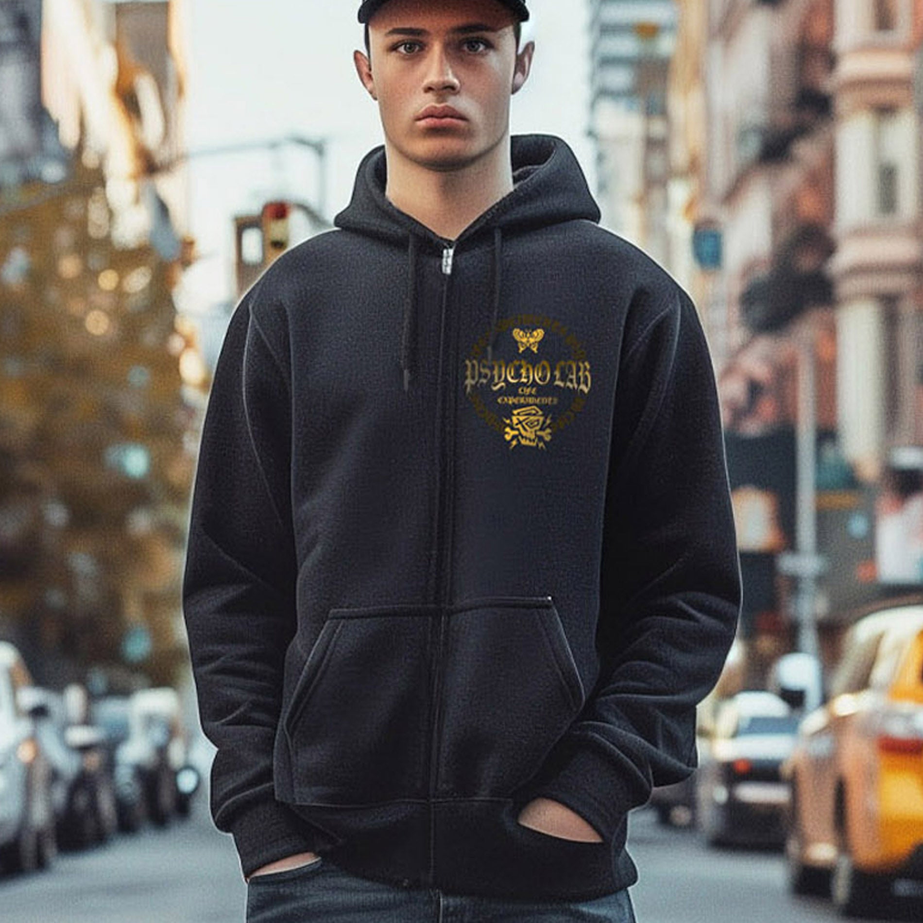 Schwarzer Zip Hoodie Galaxy von PsychoLab, schlicht und stylisch mit goldenem Logo für modebewusste Träger.