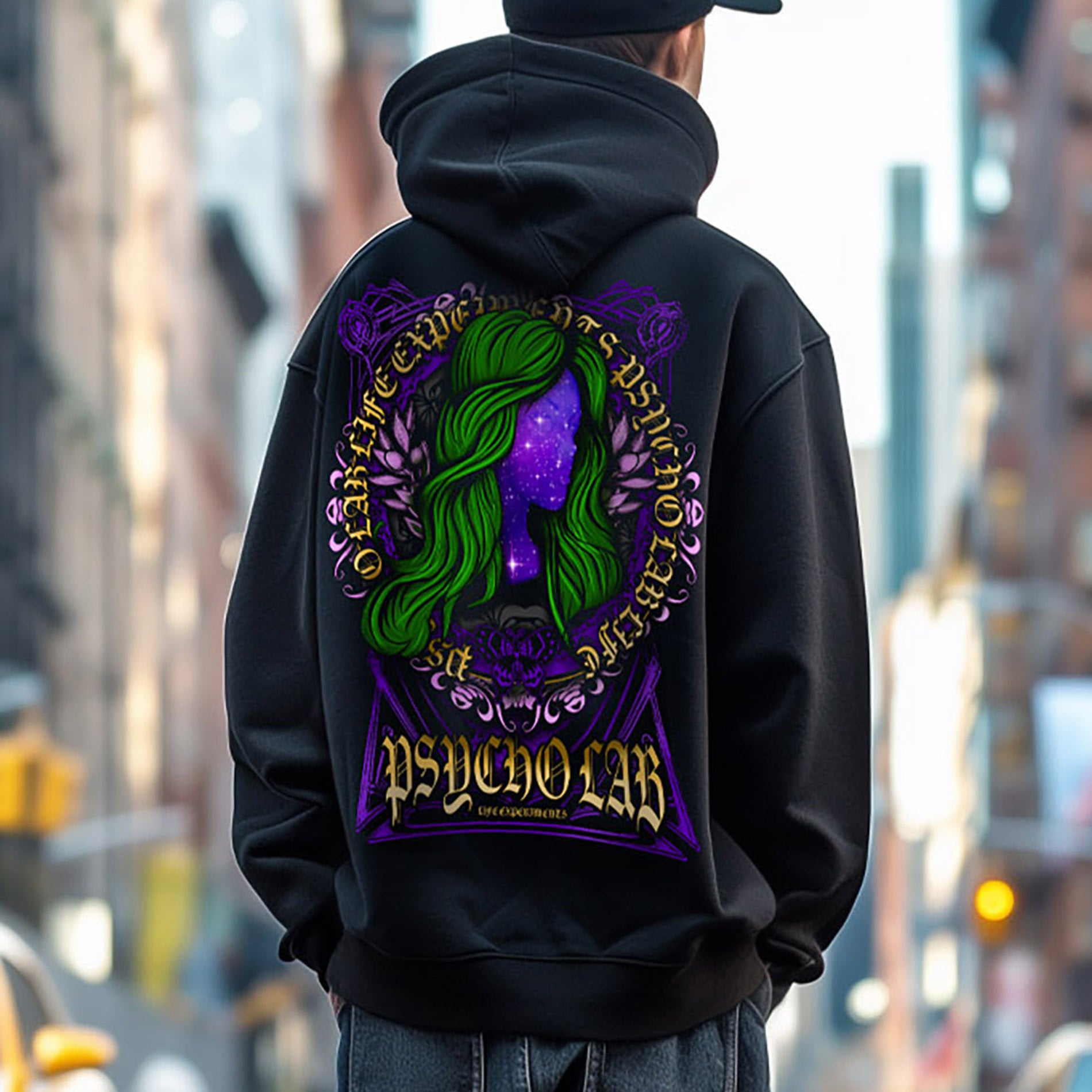 Zip Hoodie Galaxy von PsychoLab mit mystischem Artwork auf dem Rücken, ideal für urbanen Stil.