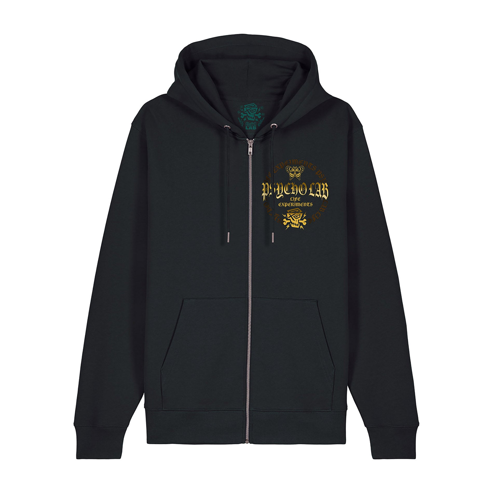 Vorderansicht des schwarzen Zip Hoodies Galaxy von PsychoLab, mit praktischem Design und stilvollem Logo.