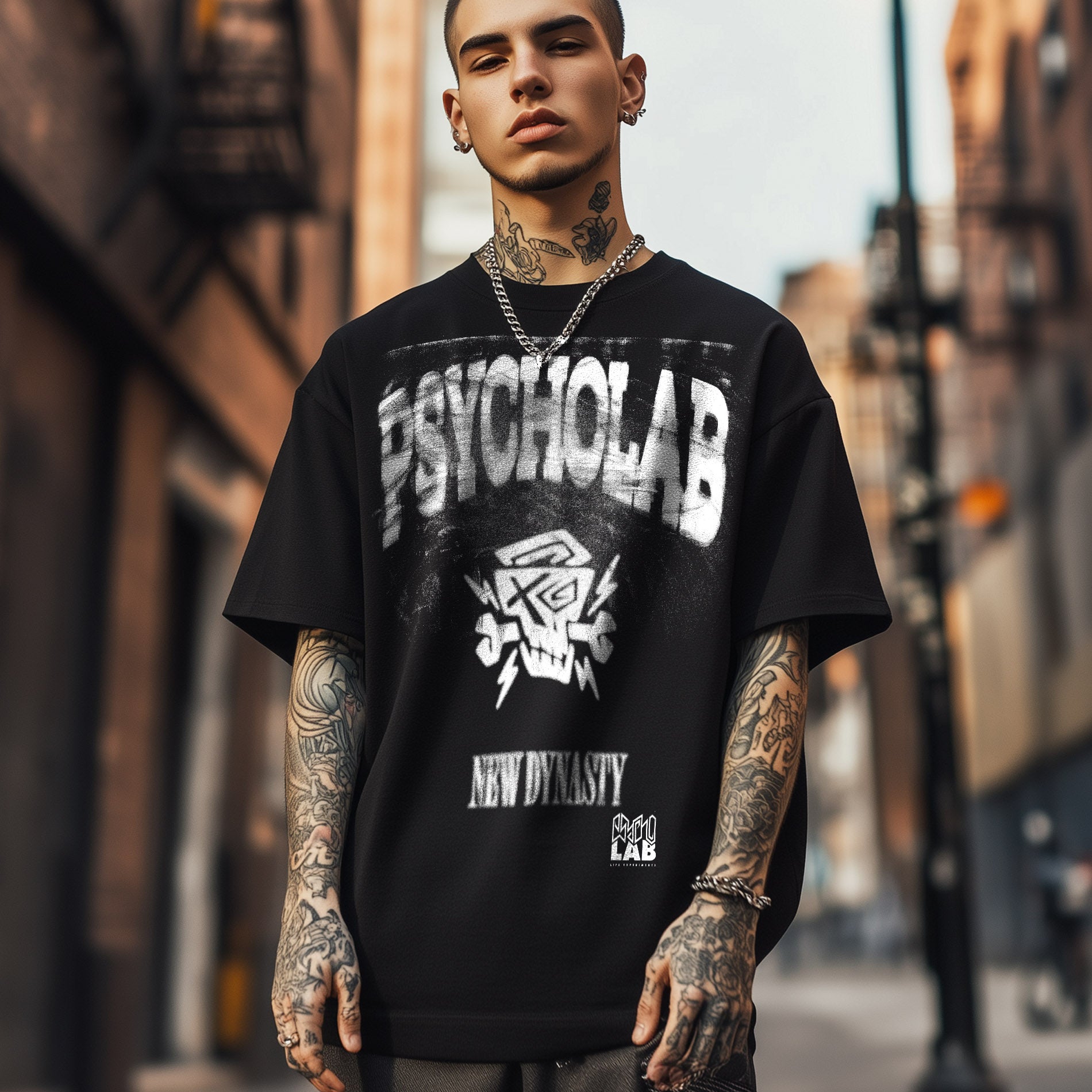 Das T-Shirt Scratch von PsychoLab in urbanem Stil, getragen von einem model mit Tätowierungen in einer städtischen Kulisse.