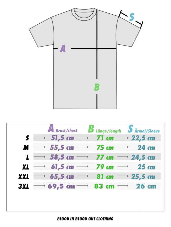 Größentabelle für das T-Shirt Samurai von PsychoLab, zeigt die Maße für verschiedene Größen und bietet nützliche Informationen für den Kauf.