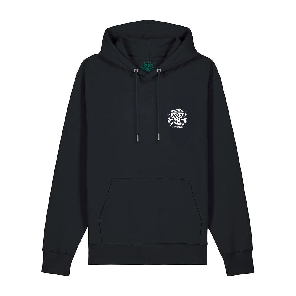 Hoodie Back Logo Black von PsychoLab, minimalistisches Design mit PsychoLab-Logo auf der Rückseite, ideal für urbane Outfits und bequem aus Bio-Baumwolle.