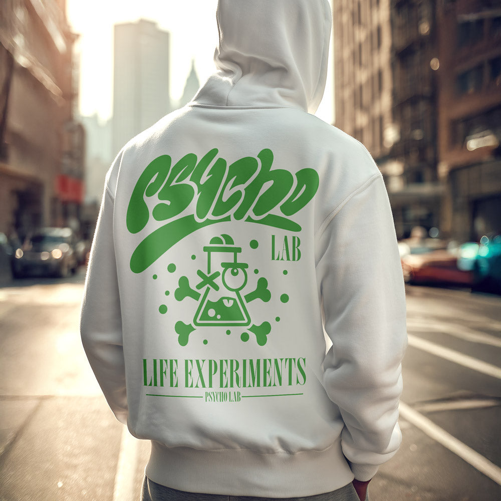 Der Hoodie Freak White von PsychoLab zeigt das aufregende Design mit dem markanten grünen Motiv auf der Rückseite, perfekt für kreative Köpfe und Individualisten. Ideal für urbanen Style mit einem Hauch von Rebellion.